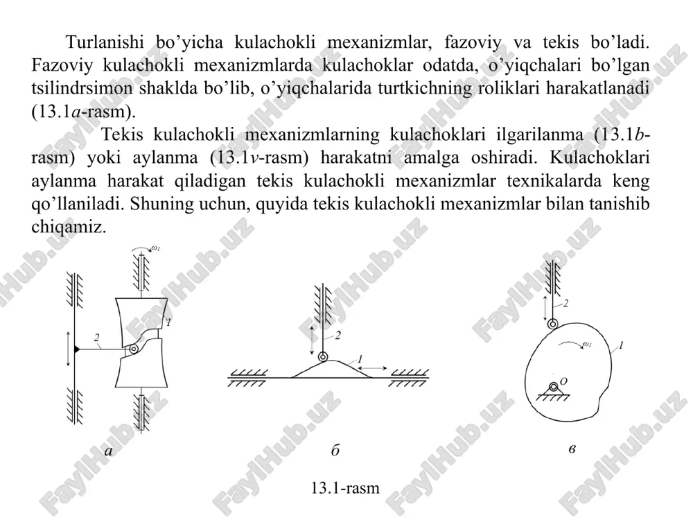 simal radiusi bilan minimal radiusi orasidagi farq. kulachokning yaqinlashishi burchagi (φya)-kulachokning minimal radiusi chizgan av yoyning burchagi. kulachok profilining shu qismida turtkich harakatsiz bo’lib, o’zining eng quyi holatini egallaydi. kulachokning ko’tarilish burchagi (φk)-kulachokning minimal radius chizgan yoy bilan maksimal radiusi chizgan yoylaring eng chetki nuqtalarini tutashtiruvchi as yoyning burchagi. kulachok profilining shu qismida turtkich eng quyi holatidan yuqori holatiga ko’tariladi. kulachokning uzoqlashish burchagi (φu)- kulachokning maksimal radius chizgan sd yoyning burchagi. kulachok profilining bu qismida ham turtkich harakatsiz bo’lib, o’zining eng yuqori holatini egallaydi. kulachokning qaytish burchagi (φq)-kulachokning maksimal radius chizgan yoy bilan minimal radiusi chizgan yoylaring eng chetki nuqtalarini tutashtiruvchi da yoyning burchagi. kulachok profilining shu qismida turtkich eng yuqori holatidan quyi holatiga qaytadi. kulachokning ishchi burchagi (φi)-kulachokning kulachokning kutarilish, uzoqlashishi va qaytish burchaklarining yig’indisiga teng bo’lgan burchak. u quyidagicha aniqlanadi kuchachokning barcha burchaklarinig yig’indisi 360o ga teng bo’lishi shart, ya’ni kulachokli mexanizmlar normal ishlashini ta’minlash juda katta ahamiyatga …