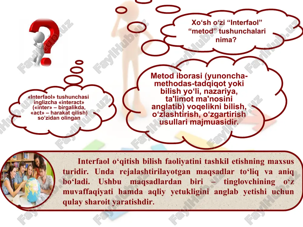 ch qo‘llanilasa maqsadga muvofiqdir. o‘quvchilarni mustaqil fikrlash dars jarayonida egallagan bilimlari asosida vaziyatni baholashga shu bilan birga kommunikativ va milliy va umuminsoniy qadriyatlarga ega bo‘lish kompetensiyalar elementlarini shakllantiradi. o‘quvchilarni darslik, qo‘shimcha manbalarni o‘qishga, bilmaganlarini o‘rganishga harakat qilishlariga yordam beradi. o‘quvchilarni darsga faol qatnashishlarini ta'minlaydi bu metodni qo‘llashda o‘qituvchi avvaldan qaysi mavzu yoki savolni shu metod yordamida o‘rganishni aniqlashi zaruar o‘rganilgan mavzu bo‘yicha savollar va ularning javoblarini, darslikdagi matnni, yangi mavzu bo‘yicha bilish lozim bo‘lgan savollar va ularga javoblarni tayyorlaydi. nimalarni bilishi, yangi mavzu bo‘yicha nimani bilishi zarurligi va dars davomida nimalarni o‘quvchilar bilganini ko‘rsatishi uchun jadval chiziladi. faollshtiruvchi savollar orqali aniqlanadi ehtiyojni aniqlash orqali aniqlanadi mavzuni mustahkamlash orqali kichik gr shakllantiriladi topshiriq 1-gr. topshiriq 2-gr. topshiriq 3- gr. topshiriq 4- gr. topshiriq yo‘naltirish muhokama, tahlil, baholash 1-gr. taqdimot 2- gr. taqdimot 3- gr. taqdimot 4-gr. taqdimot * mashg‘ulot ishtirokchilarining o‘zlarini erkin his etishlariga sharoit yaratib berish. g‘oyalarni yozib berish uchun …