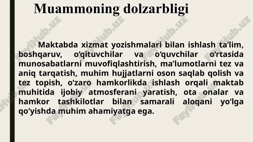 bdagi hujjatlarni qog’oz shakldan bosqichma bosqich elektron shaklga o’tkazish 2 xizmat yozishmalari bilan ishlash bo‘yicha kadrlar tayyorlash va ularning malakasini oshirishga e'tibor qaratilmoqda. biroq, raqamli texnologiyalarni qo‘llash bo‘yicha mutaxassislar yetishmovchiligi seziladi. singapurda raqamli hujjat boshqaruvi bo‘yicha maxsus tayyorgarlikdan o‘tgan kadrlar mavjud bo‘lib, ular zamonaviy texnologiyalarni samarali qo‘llay oladi. maktablardagi xizmat yozishmalarini yuritib boruvchi kadrlarni qayta tayyorlab malakasini oshirish va ish samaradorligini oshirish 3 so‘nggi yillarda raqamli texnologiyalarni ta'lim tizimiga joriy etish bo‘yicha qadamlar qo‘yilmoqda. biroq, maktablarda xizmat yozishmalarini to‘liq raqamlashtirish hali to‘liq amalga oshirilmagan. buyuk britaniya maktablarida hujjatlar bilan ishlash to‘liq raqamlashtirilgan. masalan, elektron pochta, onlayn platformalar va maxsus dasturlar orqali xizmat yozishmalari amalga oshiriladi, bu esa vaqt va resurslarni tejashga yordam beradi. mamlakatimizda raqamli texnologiyalarni ta’lim tizimiga joriy etish bo’yicha ishlarni hamkorlikda yakuniga yetkazib, vaqt va resurs tejamkorligiga erishish mavzuning qiyosiy tahlil etilganligi 9 mavzu yuzasidan umumiy xulosa o‘zbekiston maktablarida xizmat yozishmalarini boshqarishda raqamlashtirish jarayonini jadallashtirish, elektron hujjat aylanish …