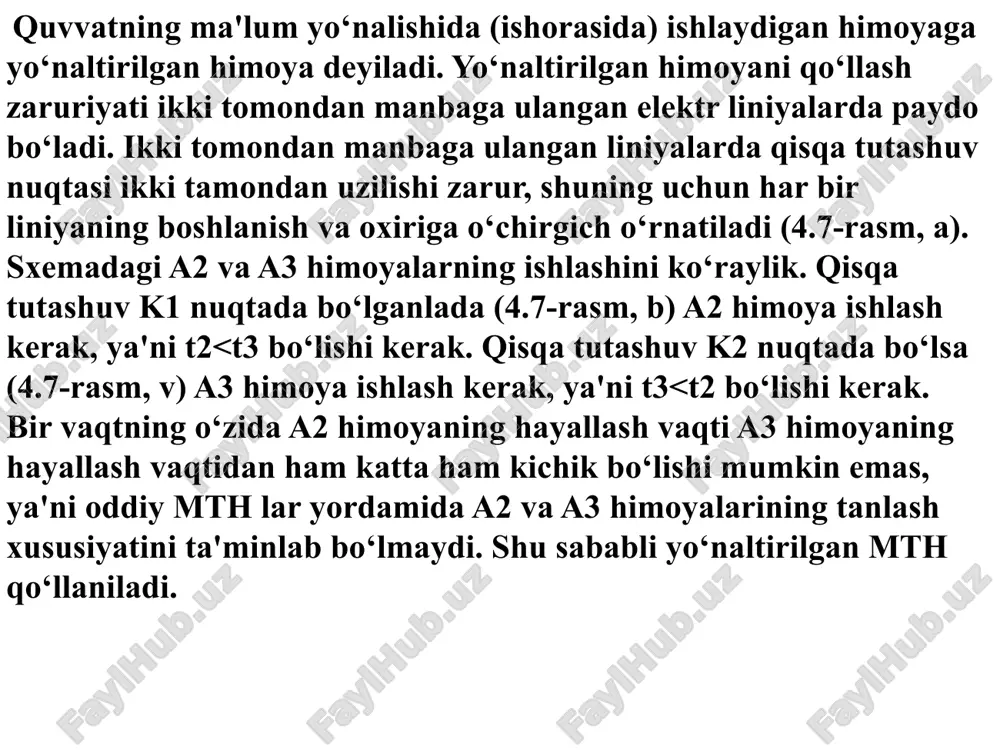 radusli sxema 4.12-rasm. tok va minimal kuchlanish bo‘yicha ishga tushirish organlariga va 90-gradusli sxema bo‘yicha ulangan bir fazali yo‘naltirilgan quvvat relelariga ega bo‘lgan yo‘naltirilgan maksimal himoyaning printsipial sxemasi: a - tok zanjirlarining sxemasi; b - kuchlanish zanjirlarining sxemasi;v - operativ tok zanjirlarining sxemasi 2.13-rasm. o‘zgaruvchan tokda bajarilgan ikki fazali yo‘naltirilgan maksimal tok himoyasining printsipial sxemasi: a - tok zanjirlarining sxemasi; b - kuchlanish zanjirlarining sxemasi; v) vaqt relesi ikkilamchi zanjirlarining sxemasi; g) - oraliq rele ikkilamchi zanjirlarining sxemasi etiboriz uchun raxmat image3.png image4.jpeg image5.png image6.png image7.png image8.png image9.png image10.jpeg image11.jpeg image12.png image13.jpeg image14.jpeg image15.png image16.jpg image2.png /docprops/thumbnail.jpeg