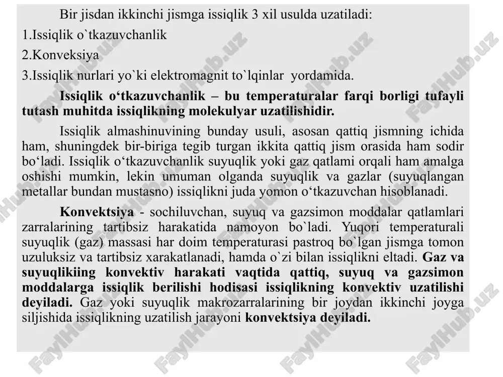 temperatura maydoni nostatsionar bo‘ladi: t=f(x,y,z,); t/0 (2) agar jismning temperaturasi faqat koordinataning funktsiyasi bo‘lib, vaqt davomida o‘zgarmasa, u holda temperatura maydoni statsionar bo‘ladi. t=f(x,y,z); t/=0 (3) temperatura maydoni uchta, ikkita va bitta koordinataning funktsiyasi bo‘lishi mumkin va mos ravishda, u uch, ikki va bir o‘lchamli deyiladi. hamma nuqtalarida temperatura bir xil bo‘ladigan sirt izotermik sirt deyiladi. fazoning ayni nuqtasining o‘zida bir vaqtda ikki xil temperatura bo‘lishi mumkin emasligi uchun, turli izotermik sirtlar xech vaqt bir-biri bilan kesishmaydi. ularning barchasi jism sirtida tugaydi yoki butunlay uning ichida joylashadi. jismning temperaturasi izotermik sirtlarni kesib o‘tadigan yo‘nalishlar-dagina o‘zgaradi bunda uzunlik birligida temperaturaning eng katta o‘zgarishi izotermik sirtga normal n yo‘nalishida bo‘ladi. izotermalar. temperatura gradienti haqidagi tushunchaga doir temperatura o‘zgarishi t ning izotermadagi normal bo‘yicha masofa n ga nisbati temperatura gradienti deyiladi: (4) temperatura gradienti – izotermik sirtga tushirilgan normal bo‘yicha yo‘nalgan vektordir. uning temperaturaning ortishi tomoniga yo‘nalishi musbat yo‘nalish hisoblanadi. issiqlik almashinuvining boshqa …