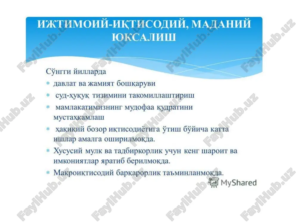 rashish va huquqbuzarliklarning oldini olish tizimini takomillashtirish qonun ustuvorligini ta'minlash va sud-huquq tizimini yanada isloh qilish keksa avlod vakillari hamda «mehribonlik» uylari, maxsus maktab-internatlar tarbiya-lanuvchilari, «sahovat» uylarida yashovchi yakka yolg'iz qariyalar va ijtimoiy himoyaga muhtoj oilalar farzandlari uchun yurtimizdagi tarixiy obidalar, ziyoratgohlar va muqaddas qadamjolarga bepul sayohatlar uyushtirish. ayollar hamda qizlarning salomatligini mustahkamlash, ular orasida jismoniy tarbiya va sportni ommalashtirish maqsadida: qoraqalpog'iston respublikasi, viloyatlar va toshkent shahrida «sog'lom ona — sog'lom bola» shiori ostida an'anaviy mintaqaviy «ayollar sport festivali»; «sog'lom avlod uchun» kubogi uchun suzish, sinxron suzish, suvga sakrash, gimnastika, badiiy gimnastika, sport raqsi va gimnastrada kabi sport musobaqalari hamda boshqa tadbirlarni o'tkazish . «kamolot» yoih, xalq ta'limi vazirligi, madaniyat va sport ishlari vazirligi, turizmni rivojlantirish davlat qo'mi-tasi, «mahalla» jamg'armasi, «nuroniy» jamg'armasi», «o'zbekiston temir yo'llari», qoraqalpog'iston respublikasi vazirlar kengashi, viloyatlar va toshkent shahar hokimliklari madaniyat va sport ishlari vazirligi, xalq ta'limi vazirligi, «sog'lom avlod uchun» fondi, bolalar sportini rivojlantirish jamg'armasi, …