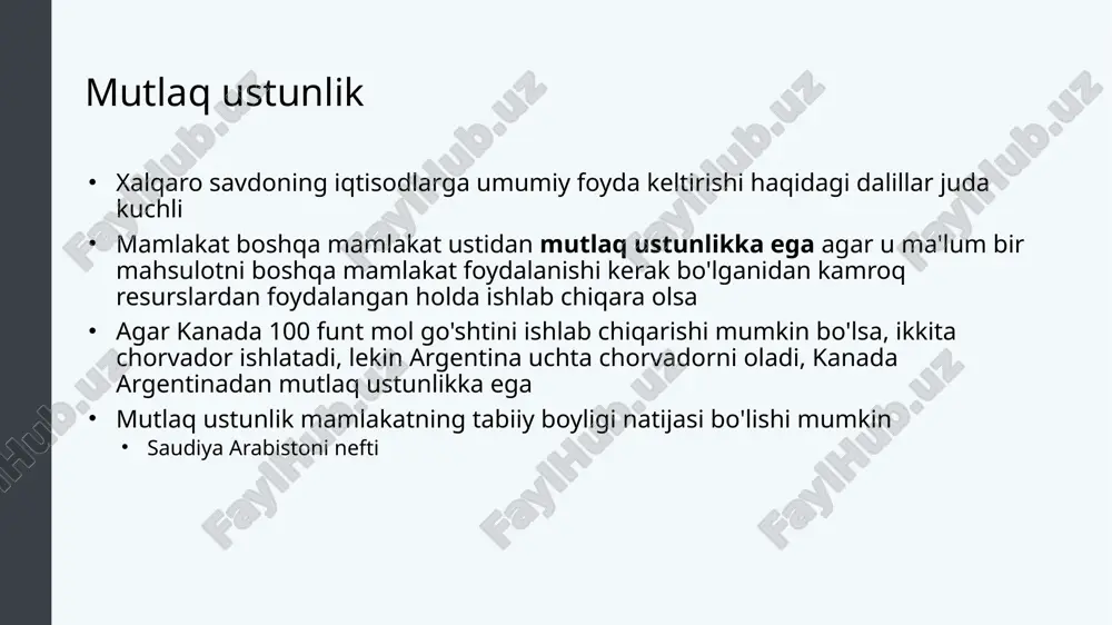 o'zlarining qiyosiy ustunlik zonalarida ishlab chiqarishni ko'paytirsa va bir-biri bilan savdo qilsa, ikkala davlat ham foyda ko'rishi mumkin ishlab chiqarish imkoniyatlari chegarasi bu foydani tasavvur qilish uchun foydali vositadir ishlab chiqarish imkoniyatlari chegarasi har bir mamlakat o'zining cheklangan resurslarini hisobga olgan holda ishlab chiqarishi mumkin bo'lgan maksimal miqdorni ko'rsatadi mamlakat barcha tovarlarda mutlaq ustunlikka ega bo'lganda nima bo'ladi. muallif : openstax kolleji. quyidagi manzilda joylashgan : https://cnx.org/contents/vemoh-_p@4.44:1p6tax-z@3/what-happens-when-a-country-ha . litsenziya : cc by: attribution . litsenziya shartlari : http://cnx.org/content/col11627/latest saytidan bepul yuklab oling 7 mutlaq va qiyosiy ustunlikni hisoblash 1-qadam: ko'rsatilgandek jadval tuzing 2-qadam: mutlaq ustunlikni hisoblash uchun har bir mahsulot uchun kattaroq raqamlarga qarang 3-qadam: qiyosiy ustunlikni hisoblash uchun har ikki mamlakatda bir barrel neft qazib olish imkoniyatini toping 4-qadam: raqamlarni teskari aylantirish orqali bitta yog'ochning imkoniyat narxini hisoblang, tenglamaning chap tomonida yog'och bor. 5-qadam: bu misolda mutlaq ustunlik qiyosiy ustunlik bilan bir xil 6-qadam: kanada nisbatan arzonroq imkoniyatlarga ixtisoslashishi …