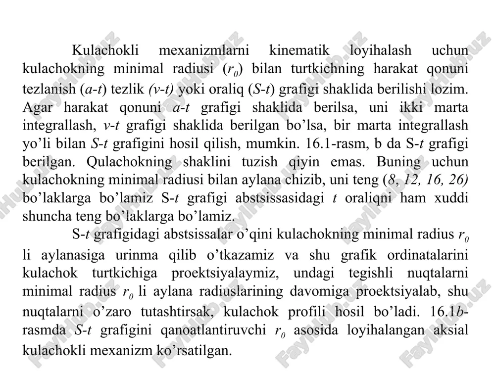 t qonuni s2=s2(φ1) (bu yerda h=s2 ekanligini inobatga olish zarur) va kulochokning e o’lchami kulachokning minimal radius vektori bo’yicha chizilgan aylana orqali aniqlanadi. kulachokning minimal radiusi rmin qancha kattalashib borgan sari, bosim burchagi kamayib boradi, lekin kulachokli mexanizmning o’lchamlari kattalashadi, bu esa mexanizmning foydali ish koeffitsientini kamayishiga olib keladi. agar mexanizmda turtkichning yo’naltiruvchisi kulachokning aylanish markazidan o’tsa, ya’ni e=0 bo’lsa, u holda ifoda quyidagicha ko’rinish oladi dezaksial e masofani oldidagi musbat ishora uni o markazidan o’ngda joylashganligini, manfiy ishora esa chapda joylanganligini bildiradi. rolikli turtkichli kulachokning minimal radiusini aniqlash uchun, kulachokli mexanizm harakatining butun davri uchun bosim burchagining qiymatini s2 va v2 larga bog’lanish grafigini qurib olamiz. qurilgan grafik nosimmetrik hisoblanadi (16.3-rasm). oc2 o’qqa nisbatan bosim burchagining maksimal qiymatiga teng bo’lgan burchak ostida qurilgan grafikning ikki tomonidan urinmalar o’tkazamiz. urinmalarni grafik bilan urinish nuqtalari a va b, o’zaro kesishgan nuqtasini esa o1 bilan belgilaymiz. urinmalarning o’zaro kesishgan nuqtasi o1 kulachokning …