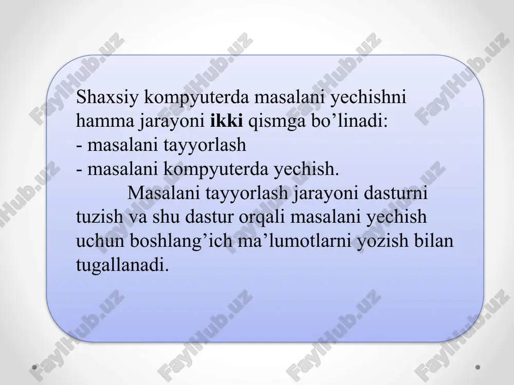 ita yo’nalishi mavjud bo’lib, ular standart dasturladan xamda algoritmik tillaridan foydalanishdir. standart dastur – bu aniq turdagi masalalarni yechishni avvaldan tuzilgan va sozlangan dasturidir.faqat standart dastur yordamida dasturlashni avtomatlashtirish amaliy jihatdan mumkin emas.bu muammo algoritmik tillar yordamida yechiladi. algoritmik til deb algoritmni tasvirlashga va bu tasvirlashni mazmunini bir qiymatli izohlashga yo’l beradigan belgilar va qoidalar majmuiga aytiladi. algoritmik tilda tuzilgan dasturni mashina tiliga o’tkazuvchi maxsus dastur translyator(tarjimon) dastur deb ataladi. dasturlash tili – bu kompyuter tushunadigan til. dasturlash tillari quyi darajadagi o‘rta darajadagi yuqori daragadagi quyi darajadagi dasturlash tillarida ko‘rsatmalar raqamlar yordamida sonli kodlashtirish orqali beriladi. bu guruhga m-20 dasturlash tilini misol qilish mumkin. o‘rta darajadagi dasturlash tillarida ko‘rsatmalar inson tiliga yaqin bo‘lgan qisqartirilgan holdagi so‘zlardan iborat bo‘ladi. bu guruhga bemsh, madlen va boshqa tillarini kiritish mumkin yuqori darajadagi dasturlash tillarida ko‘rsatmalar inson tilidagi va unga yaqin bo‘lgan so‘zlardan iborat.bu guruhga paskal, beysik, fortran, delphi, c++ kabi dasturlash tillarini kiritish …
