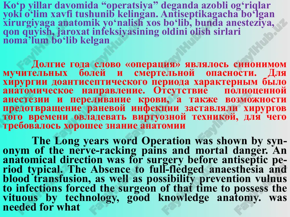 2. lechebnie a) radikalnie b) palliativnie depending on provided by purpose to operations be: 1. diagnostic 2. medical a) radical b) palliative vaqtiga ko‘ra: 1. kechiktirib bo‘lmaydigan 2. shoshilinch (urgent) 3. rejali po srochnosti: 1. neotlojnie ili ekstrennie 2. srochnie (urgentnie) 3. planovie on urgency: 1. urgent or emergency 2. urgent 3. planned bosqichlariga ko‘ra: 1. bir bosqichli operatsiyalar 2. ikki bosqichli operatsiyalar 3. ko‘p bosqichli operatsiyalar po etapnosti: 1. odnoetapnie operatsii 2. dvuxetapnie operatsii 3. mnogoetapnie operatsii on step: 1. one-step operations 2. two-step operations 3. plenty of step operation tozalik darajasiga ko‘ra: 1. toza operatsiyalar 2. shartli ravishda toza operasiyalar 3. ifloslangan operatsiyalar 4. iflos yoki birlamchi infisirlargan operatsiyala po stepeni aseptichnosti: 1. chistie operatsii 2. uslovno-chistie 3. zagryaznennie 4. gryaznie ili pervichno infitsirovannie. on degree aseptisis: 1. cleaner operations 2. conditionally-cleaner 3. polluted 4. dirtyor primary infection odatda xirurgik operatsiyalar davo maqsadda qilinadi, lekin diagnostik maqsadda qilinadigan …