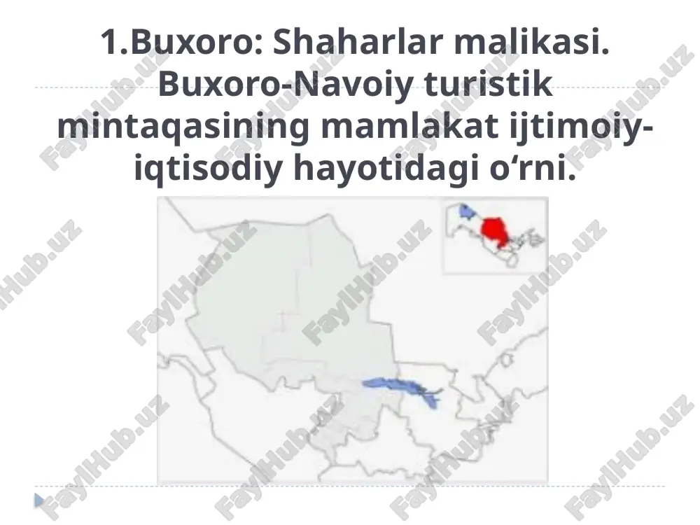 lab qolgan. buxoro shahri haqiqatda “muzey shahar” maqomiga ega bo’lib, u diqqatga sazovar tarixiy yodgorliklar va obidalarga juda boy hisoblanadi. buxoroi sharifga tashrif buyuruvchi har bir xorijiy sayyoh o’zini sayyohatini birinchi bo’lib, shaharning eng muhim tarixiy yodgorliklaridan biri ark-qa’lasidan boshlaydi. ark-qa’la 2000 yillik tarixga ega. u sayyohlar qadami o’zilmaydigan turistik obyekt bo’lib hisoblanadi. hozirgi kunda mavjud bo’lgan qurilish obyektlari xvii asr oxiri va xx asr boshlarida qurilgan. ark-qa’la shaharning g’arbiy qismida qad ko’targan. uning umumiy maydoni 3,16 gektar bo’lib, devorlarning uzunligi 790 metrdan ortadi. ark-qa’la hududida juda katta binolar majmuasi joylashgan bo’lib, ulardan biri childuxtaron masjidi hanuzgacha saqlanib qolgan. qa’lada sayyohlarning e’tiborini jalb qiladigan yana bir narsa-bu qadimgi zindondir. hozirgi ark-qa’la hududida buxoro viloyati tarixiy o’lkashunoslik muzeyi joylashgan. qa’laning sharqiy qismi esa arxeologik yodgorlik sifatida saqlanib kelinmoqda. turistik rayondagi muhim xorijiy turistik obyektlar qatoriga qizilqum cho’lini kiritish mumkin. u eng katta hududni egallab, viloyat turistik yo’nalishidagi eng uzoq masofali (450 …