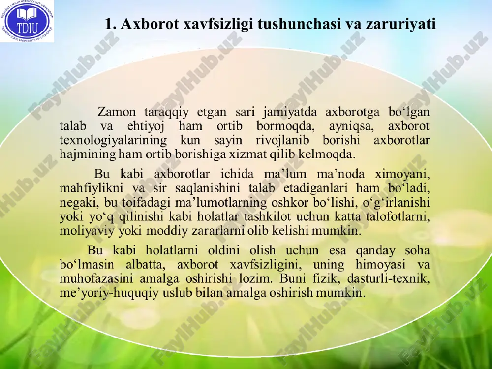 ifrlanmagan ko'rinishda uzatiladi. demak, internet xostlaridan foydalanish uchun foydalanuvchining ismi va parolini bilish kifoya. axborot almashinuvida internetning masofadagi ikkita uzeli almashinuv axborotini paketlarga bo’lishadi. paketlar aloqa kanallari orqali uzatiladi va shu paytda ushlab qolinishi mumkin. 2. raqamli iqtisodiyotda axborot xavfsizligini ta`minlash usullari 1. qonunchilik. axborot himoyasi sohasida yuridik va jismoniy shaxslarning, shuningdek davlatning huquq va majburiyatlarini qat’iy belgilovchi qonuniy aktlardan foydalanish. 2. ma’naviy-etik. ob’ektda qat’iy belgilangan o‘zini tutish qoidalarining buzilishi ko‘pchilik xodimlar tomonidan keskin salbiy baholanishi joriy etilgan muhitni hosil qilish va qo‘llab quvvatlash. 3. jismoniy. himoyalangan axborotga begona shaxslarning kirishini taqiqlovchi jismoniy to‘siqlar yaratish. 6. kriptografik. ishlov berilayotgan va uzatilayotgan axborotlarga noqonuniy kirishni oldini oluvchi shifrlash va kodlashni tatbiq etish. 7. dasturiy. foydalana olishlilikni chegaralash uchun dastur vositalarini qo‘llash. 5. texnik. axborotni muhofaza qilish uchun elektron va boshqa uskunalardan foydalanish. 4. ma’muriy. tegishli maxfiylik rejimi, kirish va ichki rejimlarni tashkil etish. axborotni himoya qilishni huquqiy usullarida huquqiy xarakterli masalalar: …