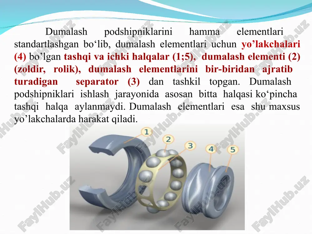 tuzilishda o'zgartirishlar kiritilganligini bildiradi. masalan 7208 bunda 5-chi son yozilmagan, demak bu ichki diametri d 40 bo’lgan radial-tirak podshipnik. agarda 5-chi son yozilgan bo‘lsa 67208, bunday holda podshipnik tashqi halqasi chiqiqli bo’ladi, ya’ni podshipnik tuzilishiga o‘zgartirsh kiritilgan. shartli belgining o‘ng tomonidan ettinchi raqam podshipniklarning eni bo’yicha seriyasini bildiradi, masalan 0, 1, 2, 3, 4 va hokazo, bunda 4 eng enli hisoblanadi, 0 yozilmaydi. shuningdek, bu asosiy sonlardan tashqari ayni sonlarning o‘ng va chap tomonlarida qo‘shimcha sonlar yoki harflar bo‘lishi mumkin. bu son va harflar podshipniklarni tayyorlash jarayonida maxsus shartlar qo'yilganligini bildiradi. podshipniklarda shartli belgining chap tomonida asosiy sonlardan alohida tire qo‘yilib aniqlik darajasi yoziladi. podshipniklar 0, 6, 5, 4, 2 aniqlik daraja bilan tayyorlanadi, bunda 0 normal aniqlik daraja 2-eng yuqon aniqlik daraja. yuqorida ko‘rilgan 7208 podshipnikning aniqlik darajasi 0 ga teng. podchivniklarda shartli belgining o‘ng tomonida asosiy sonlardan alohida yozilgan harflar quyidagilami bildiradi: yu - zanglamaydigan po‘lat materiallardan; x …