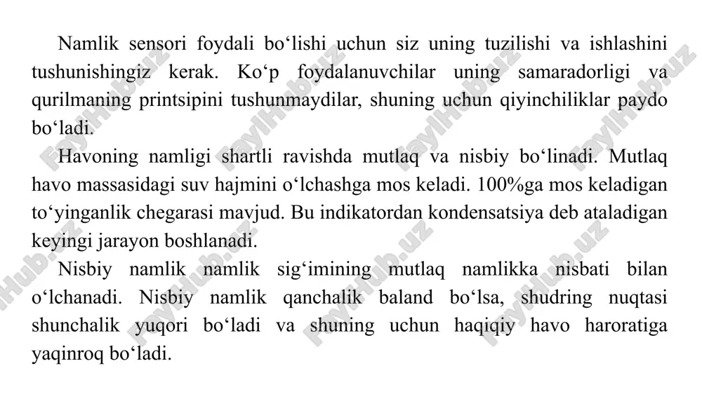 rat va namlik sensori ishlatilganda, qurilma dht22 ga qaraganda kamroq aniqroq qiymat beradi. analog o‘lchangan qiymatlarning katta diapazoniga ega, ammo narx mos keladi. dht22 harorat va namlik sensori, xuddi analogi kabi, bitta raqamli chiqishga ega, shuning uchun siz o‘qishni har 1-2 soniyada bir martadan ko‘p bo‘lmagan holda olishingiz mumkin. dht11 va dht22 datchiklari tez va aniq emas, lekin ular oddiy, arzon va mashg‘ulotlar uchun ajoyib. ular ikki qismdan iborat - namlik sensori va termistor. ichidagi chip a / d konvertatsiyasini amalga oshiradi va har qanday mikrokontroller o‘qishi mumkin bo‘lgan raqamli signalni chiqaradi. dht11 va dht22 sensorlar o‘rtasidagi farq nima? dht sensorlarining ikkita versiyasi bir -biriga o‘xshash va bir xil pinoutga ega. ularning farqlari xarakteristikada. xususiyatlar: dht11 sensori: namlikni 20-80% oralig‘ida aniqlash haroratni 0 ° c dan + 50 ° c gacha aniqlash ovoz berish tezligi sekundiga 1 marta dht22 sensori: namlikni 0-100% oralig‘ida aniqlash haroratni -40 ° c dan + …