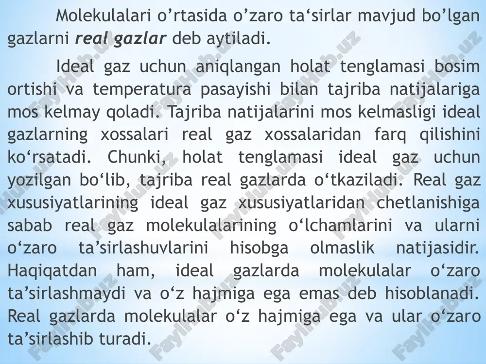 rning tortishish kuchi natijasidir. boshqacha aytganda, molekulalarni o‘zaro tortishishi natijasida vujudga keluvchi ichki bosimni aniqlovchi tuzatmadir. molekulalar bir-biri bilan 10-7 sm atrofida joylashganda ularda tortishish kuchlari namoyon bo‘ladi. bu tortishish kuchlari xuddi tashqi bosim kabi molekulalarni bir-biriga yaqinlashtirishga intiladi. molekulalarni idish devoriga yaqinlashishida unga boshqa molekulalarni o‘zaro tortishishidan yoki devor yaqinida turgan molekulaga o‘zaro ta’sir natijasi bo‘lgan idish ichi tomon yo‘nalgan tortishish kuchi ta’sir qiladi. bu kuch ta’siri idish devoriga berilgan bosimni kamaytiradi deb o‘ylash tabiiydir. demak, idish devoriga berilgan bosimning kamayishi molekula hosil qilgan ichki bosimdir. bu ichki bosim nimaga tengligini aniqlaylik. devor yaqinidagi molekulalar hosil qilgan tortishish kuchlarining yuza birligiga ta’siri ichki bosimni beradi. bu tortishish kuchlari umuman olganda molekulalar zichligiga, n ga mutanosibdir. lekin devor yaqinidagi qatlamdagi molekulalar soni ham n ga mutanosibdir. bundan ichki bosim pi~n2 bo‘lishi kerak. agar hajm birligidagi molekulalar soni gaz egallagan hajmga teskari mutanosib ekanligini hisobga olsak, pi~1/v2 mutanosiblik koeffisientini a bilan …