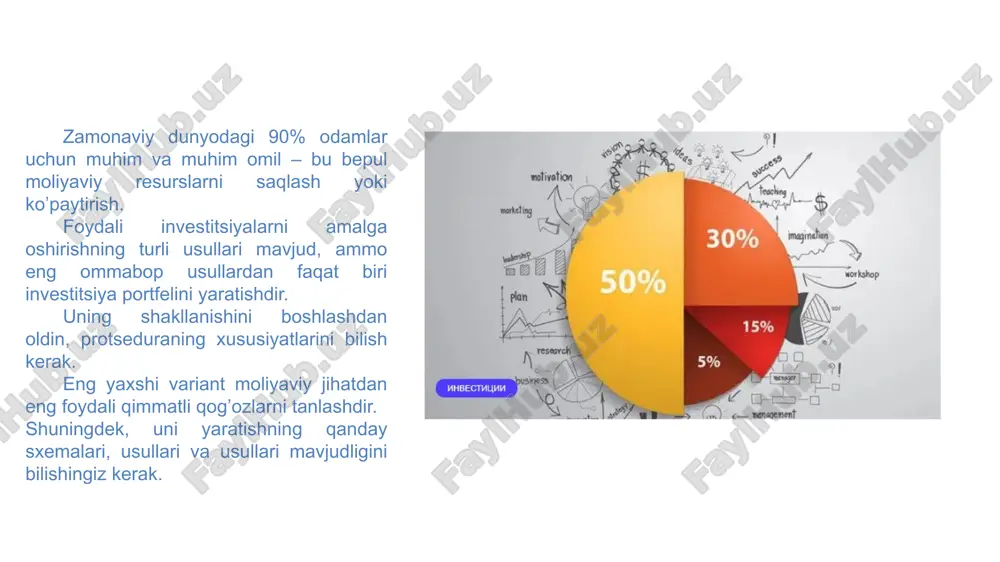 elning aksi. bunday paketga maksimal likvidlik investitsiyalari va mablag'larning tez qaytarilishi kiradi. misol - forex bozorida valyuta spekulyatsiyasiga va. mintaqaviy yoki xorijiy qimmatli qog'ozlarga ega portfel. o'z mintaqasining vatanparvarlari yoki o'z mintaqasining ichki bozorini yaxshi biladigan tadbirkorlar uchun portfel. ixtisoslashgan portfel turlari - sanoat uchun mo'ljallangan qimmatli qog'ozlar to'plami/ masalan, neftni qayta ishlash zavodlari, xorijiy kompaniyalarning aktsiyalari. investitsion portfelni shakllantirish tartibi investitsion maqsadlarni belgilash investitsiya strategiyasini tanlash qimmatli qog'ozlar bozori tahlili portfelda aktivlarni tanlash qimmatli qog'ozlarni sotib olish va shakllangan portfelni monitoring qilishni boshlash investitsion maqsadlarni belgilash. investorning maqsadlari qanchalik aniq bo'lsa, uning moliyaviy faoliyati shunchalik samarali bo'ladi. agar biror kishi bozorga noaniq niyat bilan kelsa, natijasi noaniq va noaniq bo'ladi. investitsiya trategiyasini tanlash strategiyani tanlash investorning shaxsiy imtiyozlariga va uning yakuniy maqsadlariga bog'liq. aslida, faqat uchta investitsiya strategiyasi mavjud: tajovuzkor; konservativ; mo'tadil qimmatli qog'ozlar bozori tahlili investitsion maqsadlaringizga asoslanib, qimmatli qog'ozlar bozorini tahlil qiling va o'zingiz uchun strategiyangiz uchun …