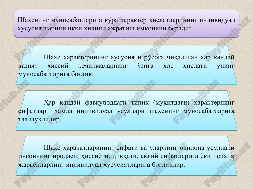 ekstrovertlashgan tip – muloqotga kirishuvchan, do'stlari ko'p, ziddiyatlardan o'zini olib qochadi, boshqalarni diqqat bilan eshitish mumkin. topshiriqlarni vaqtida bajaradi. introvertlashgan tip – muloqotga kirishishga qiynaladi, «ichimdagini top», falsafiy fikr yuritishni yoqtiradi, qat'iyatli, e'tiqodi mustahkam, qaysar, tafakkuri qotib qolgan. inson xarakterining barcha tipologiyalari quyidagi asosiy g'oyalarga muvofiq tarzda tashkil etilgan. 1. inson xarakteri uning ontogenetik taraqqiyoti mobaynida namoyon bo'la boshlaydi va butun hayot davomida barqaror bo'lib boradi. 2. xarakter tarkibiga kirgan xususiyatlar tasodifiy uyushgan emas. ular xarakter tipologiyasini tuzish imkonini beruvchi bir-biridan farq qiluvchi tiplardan iborat. 3. mazkur tipologiyaga ko'ra ko'pchilik kishilarni ma'lum guruhlarga birlashtirish mumkin. e.krechmer odam tanasining tuzilishi va konstitutsiyasiga ko'ra, eng ko'p uchraydigan uchta tipni ajratib ko'rsatgan: