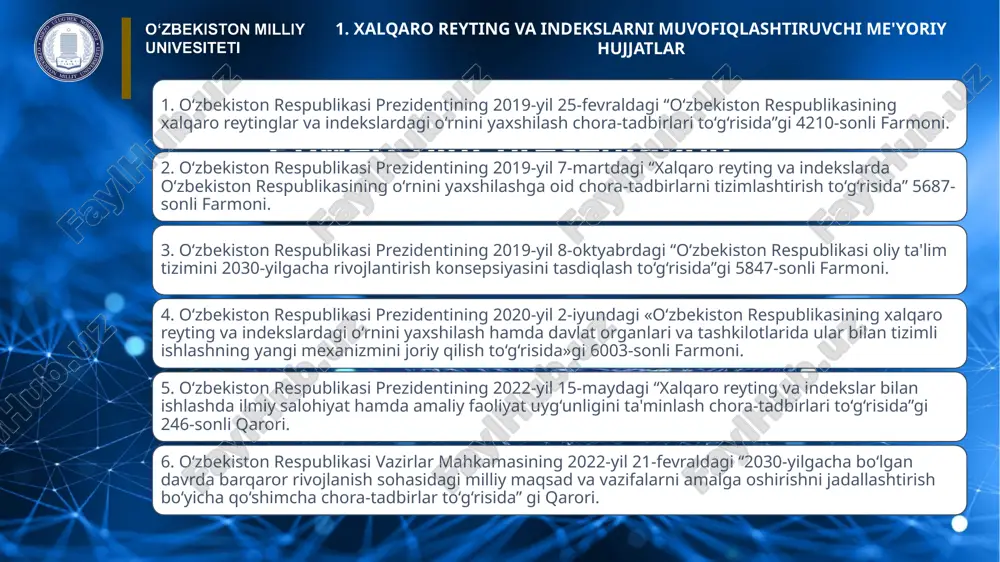 ovlari indeksi // fdi regulatory restrictiveness index. 9. mamlakatlarga xos xatarlarni tasniflash tizimi // country risk classifications. 10. inson kamoloti indeksi // human development index. 11. global innovasiyalar indeksi // global innovation index. 12. elektron hukumatni rivojlantirish indeksi // e-government development index. 13. global raqobatbardoshlik indeksi // global competitiveness index. 14. byudjet ochiqligi indeksi // open budget index. adliya vazirligi tasarrufidagi siyosiy-huquqiy sohalar bo‘yicha xalqaro reyting va indeks ko‘rsatkichlari: 1. jahon mamlakatlari demokratiyasi indeksi // democracy index. 2. korrupsiyani qabul qilish indeksi // corruption perceptions index. 3. huquq ustuvorligi indeksi // rule of law index. 4. jahon matbuot erkinligi indeksi // world press freedom index. 5. boshqaruv sifati indekatorlari // governance indicators. respublikadagi tadqiqot institutlariga alohida xalqaro reytinglar biriktirildi va ularga quyidagi vazifalar yuklatildi: xalqaro reytinglarning metodologik va boshqa tarkibiy qismlarini aniqlash, ularni amaldagi qonunchilikka implementatsiya qilish, o‘zbekiston respublikasining xalqaro reytinglardagi past ko‘rsatkichlariga sabab bo‘layotgan asosiy omillarni aniqlash; o‘zini o‘zi …