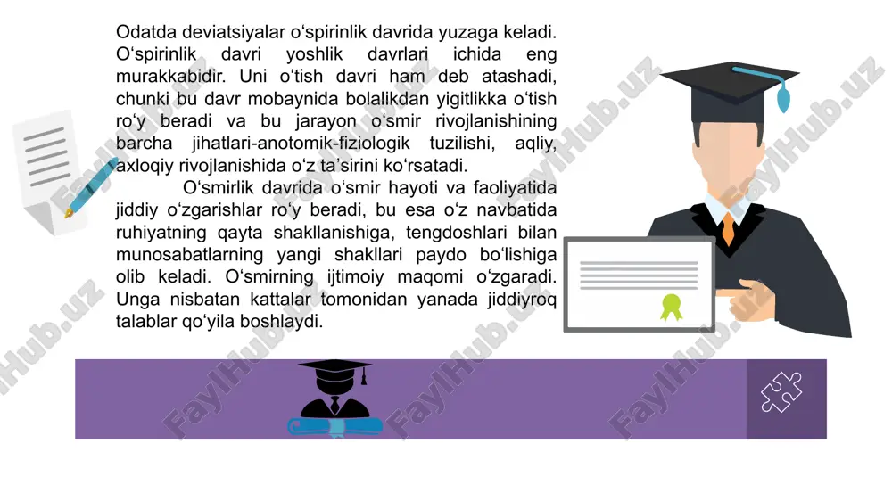 iruvchi fiziologik yoki anotomik xususiyatlarning borligida oʻz ifodasini topadi. psixologik omillar. bularga bolada psixopatalogiya yoki xarakterining aksetkatsiyasining borligi kiradi. . ijtimoiy-pedagogik omillar maktab, oila va ijtimoiy tarbiya nuqsonlarida namoyon boʻladi. axloqiy omillar bir tomondan zamonaviy jamiyatning past axloqiy darajasida oʻz aksini topadi. . ijtimoiy-iqtisodiy omillar ijtimoiy tengsizlik, jamiyatning boylar va kambagʻallarga sinflashishi, axoli koʻp qismining kambagʻallashib ketishi, ishsizlik, inflyatsiya, daromad olish usullarining cheklab qoʻyilishidan iborat. oʻsmirlar deviant xulq-atvorining profilaktikasi. oʻsmirlik yoshida deviatsiya namoyon boʻlishining tinimisiz oshib borishi ijtimoiy pedagog oldida bu oʻsmirlar bilan ishlashning yangi usullari, texnologiyalarini izlash va ularga tadbiq etish vazifasini qoʻyadi. ilmiy nazariy va amaliyotda ikki asosiy texnologiya-profilaktika va reabilitatsiya keng tarqalgan. profilaktika-oʻsmirlar xulq-atvorida ijtimoiy normalardan ogʻishning turli shakllarini keltirib chiqaruvchi asosiy sabab va sharoitlarni bartaraf etishga qaratilga ijtimoiy, tibbiy, tashkiliy, tarbiyaviy va davlat tadbirlarining majmuasidir. u asosan bolani oʻrab turuvchi muhitga bogʻliq boʻladi. profilaktika chora-tadbirlarini amalga oshirayotganda ijtimoiy pedagog quyidagi qoidalarga suyanadi: 4. bola reabilitatsiyasi faoliyat …