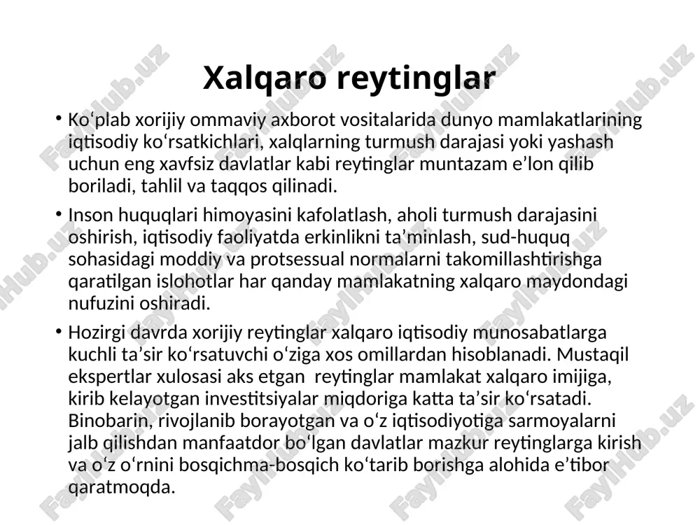 jamg‘armasining “iqtisodiy erkinlik” indeksida 52 pog‘onaga, jahon bankining “logistika samaradorligi” indeksida 19 pog‘onaga, “biznes yuritish” indeksida 18 pog‘onaga ko‘tarildi. o‘zbekiston iqtisodiy hamkorlik va taraqqiyot tashkilotining “mamlakatlarga xos xatarlarni tasniflash” tizimidagi 6-guruh mamlakatlari qatoridan 5-guruh mamlakatlari qatoriga ko‘tarildi. № xalqaro reytining va indekslar nomi mas’ul vazirliklar (tashkilot) 1 suveren kredit reytinglar moliya vazirligi 2 “biznes yuritish” indeksi iqtisodiy taraqqiyot va kambag‘allikni qisqartirish vazirligi 3 boshqaruv sifati indikatorlari iqtisodiy taraqqiyot va kambag‘allikni qisqartirish vazirligi 4 elektron hukumatni rivojlantirish reytingi axborot texnologiyalari va kommunikatsiyalarini rivojlantirish vazirligi 5 “korrupsiyani qabul qilish” indeksi bosh prokuratura 6 “logistika samaradorligi”indeksi transport vazirligi 7 jahon bankining statistik salohiyat indeksi davlat statistika qo‘mitasi 8 iqtisodiy erkinlik indeksi iqtisodiy taraqqiyot va kambag‘allikni qisqartirish vazirligi 9 iqtisodiy hamkorlik va taraqqiyot tashkilotining (ihtt) mamlakatlarga xos xatarlarni tasniflash tizimi, moliya vazirligi 10 inson kamoloti indeksi oliy va o‘rta maxsus ta’lim vazirligi, xalq ta’limi vazirligi sog‘liqni saqlash vazirligi 11 huquq ustuvorligi indeksi adliya vazirligi …