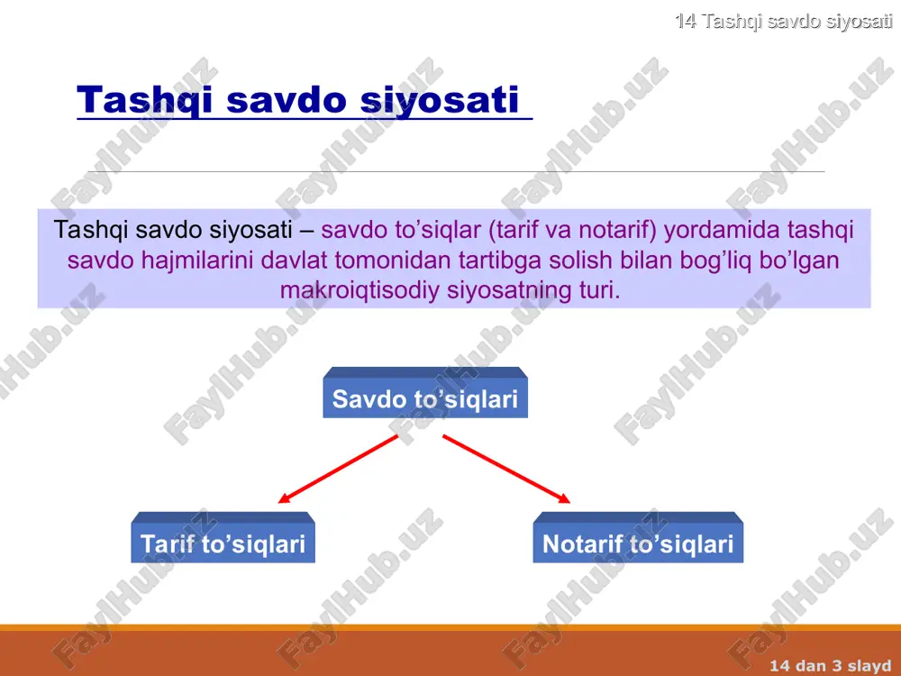 rajasi. tarifning kiritilishi nafaqat mazkur mahsulot ishlab chiqaradigan tarmoqni himoya qiladi, balki ushbu tarmoqni resurslar bilan ta’minlaydigan tarmoqlarni ham himoya qiladi himoya tarifning nominal va haqiqiy darajalari ajratiladi tr = δwa/wa tr – himoya qiladigan tarifning haqiqiy darajasi dwa – tarif tizimining faoliyati natijasida mahsulot birligiga qo’shimcha qiymatining o’zgarishi wa – tarif kiritishdan oldin mahsulot birligiga qo’shimcha qiymat himoya tarifining haqiqiy darajasi – butun bir tarif tizimining faoliyati natijasida tarmoqda yaratilgan mahsulot birligining qo’shimcha qiymati qanchaga oshganligini ko’rsatadi. 14 tashqi savdo siyosati 14 dan * slayd savdo siyosatining boshqa to'siqlari eksport subsidiyalari eksportni rag’batlantirish uchun davlat tomonidan milliy ishlab chiqaruvchilarga subsidiyalar, shu jumladan imtiyozlarni berish demping bozorda o’z ta’sir doirasini kengaytirish va raqiblarni yo’qotish maksadida mahsulotni tannarxidan past narxlarda sotish narx diskriminatsiyasi ishlab chiqarish hajmini oshirish va bozorda o’z ta’sir doirasini kengaytirish maqsadida ishlab chiqaruvchi tomonidan o’z mahsulotiga har xil narxlarni qo’yish (masalan, ichki bozorda baland narxlar, tashqi bozorda esa …