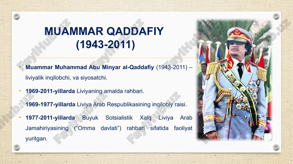 rminallarini yopdilar. 1969-yilga kelib, aqsh markaziy razvedka boshqarmasi liviya qurolli kuchlarining bir qismi davlat to'ntarishini amalga oshirishini kutgan edi. * arab millatchiligi - til, kelib chiqish va atlantika okeanidan hind okeanigacha bo'lgan hududda yashovchi arab millatining birligini tasdiqlovchi dunyoviy mafkura. ko'p jihatdan u panarabizmga yaqin, ammo u bilan to'liq sinonim emas. liviyada davlat to'ntarishi (1969) 1969-yil o'rtalarida qirol idris dam olish uchun chet el (turkiya va gretsiya)ga ketdi. qaddafiyning “ozod ofitserlar” guruhi bu holatga qirolni taxtdan ag'darish uchun imkoniyat sifatida qaradilar va “quddus operatsiyasi”ni boshlab yuborishdi. 1-sentabrda ular tripoli va beng‘ozidagi aeroportlar, politsiya bo‘limlari, radiostansiyalar va hukumat idoralarini egallab oldilar. ular jiddiy qarshilikka duch kelmadilar va monarxistlarga nisbatan zo'ravonlik ishlatmadilar. qaddafiy monarxiya hukumatini ag’darib, “liviya arab respublikasi tashkil etilganini e’lon qildi. to‘ntarishning qonsizligi tufayli dastlab “oq inqilob” deb atalgan bo‘lsa, keyinchalik sodir bo‘lgan sanadan so‘ng “1-sentyabr inqilobi” nomini oldi. qaddafiyning o’zi ushbu inqilobga quyidagicha ta’rif beradi: "ozod ofitserlar“ning bu inqilobi …