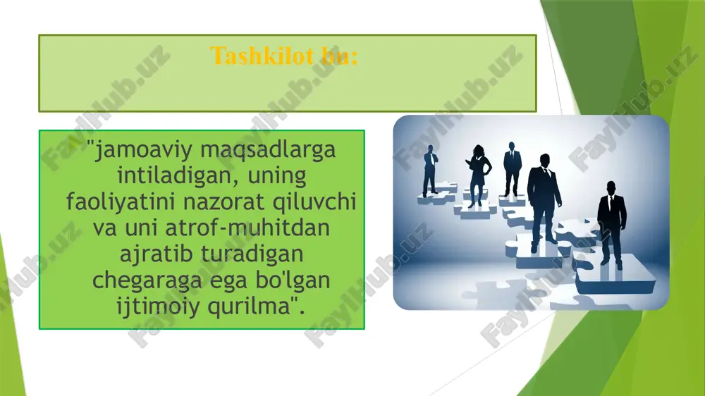 un qo'llaniladi. mas'uliyati cheklangan jamiyatda egalik qilish va nazorat qilish, bir jismoniy shaxs qo'lida bo'lishi mumkin bo'lsa ham, tashkilot hamda jismoniy shaxs qonun bilan ajratiladi. (a) aktsiyadorlar mulkdorlardir, lekin kompaniyaning kundalik boshqaruvida aksiyadorlar cheklangan huquqga ega. ular kapital va foyda keltiradi. aktsiyadorlar yirik institutsional investorlar (masalan, sug'urta kompaniyalari va pensiya jamg'armalari), jismoniy shaxslar yoki xodimlar bo'lishi mumkin. (b) direktorlar kompaniyani boshqarish uchun aktsiyadorlar tomonidan tayinlanadi. buyuk britaniyada direktorlar kengashi boshqaruvni amalga oshirish va xodimlarni nazorat qilish bilan shug’ullanishadi, biroq mulkdorlar va xodimlar guruhlari oldida javobgardirlar. (i) ijrochi direktorlar tashkilotning kundalik faoliyatida ishtirok etadilar. (ii) ijrochi bo'lmagan direktorlar maslahatchilar sifatida ishtirok etishga taklif qilinadi, odatda umumiy ko'rsatmalarga ega bo'lish uchun o'zlarining maxsus ko'nikmalari yoki tajribalarini kengash muhokamalarida baham ko'rishadi. mas'uliyati cheklangan jamiyatlarning turlari buyuk britaniyada mas'uliyati cheklangan jamiyatlar ikki xil bo'ladi: xususiy cheklangan kompaniyalar (masalan, x limited) va ochiq savdoga qo'yilgan cheklangan jamiyatlar (masalan, x plc). ular quyidagi tarzda farqlanadi. (a) …