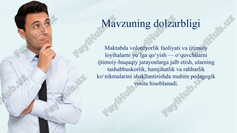 bir o‘quvchi jamiyat oldida ijtimoiy mas’uliyatga ega shaxs sifatida shakllantiriladi. o‘quvchilar doimiy ravishda mahalliy muassasalarda (kutubxona, poliklinika, qariyalar uyi) yordamchi sifatida qatnashadi. “ijodiy xizmat haftaligi” kabi tadbirlar maktab kalendariga kiritilgan.volontyorlik orqali hurmat, intizom, jamoaviylik va sabr-toqat kabi qadriyatlar mustahkamlanadi. t/r amaldagi holat (o‘zbekistonda) xorijda taklif 1 o‘zbekistonda volontyorlik faoliyatining metodik asoslari yetarlicha ishlab chiqilmagan; amaliyotga yo‘naltirilgan darslar, tahliliy mashg‘ulotlar, portfoliolar, kuzatuv va monitoring mexanizmlari hali keng joriy qilinmagan. yaponiya esa volontyorlik orqali ijtimoiy qadriyatlarni – hurmat, tartib, jamoaviylikni shakllantirishga urg‘u beradi. volontyorlikni o‘rgatuvchi seminarlar, treninglar, reflektiv yozuvlar, muammoli vaziyatlarni hal qilish mashg‘ulotlarini darsdan tashqari ishlar doirasida tizimli tashkil etish. 2 o‘zbekistonda esa volontyorlik faoliyati hali maktab miqyosida tizimlashtirilmagan, ko‘proq epizodik tadbirlar, aksiyalar shaklida olib boriladi. u maktab tarbiyaviy ishlar rejasi tarkibida mavjud bo‘lsa-da, mustaqil modul yoki dastur sifatida ajratilmagan. shvetsiyada volontyorlik faoliyati ta’lim tizimining tarkibiy qismi sifatida ko‘riladi. “service learning” (xizmat orqali o‘rganish) yondashuvi asosida volontyorlik o‘quvchilarning kompetensiyalarini rivojlantirish vositasi …