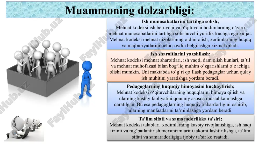 alar qanday bajarilayotganini tahlil qilish. kamchiliklarni bartaraf etish – monitoring natijalari bo‘yicha zarur tuzatishlar kiritish. mamlakatdagi mehnat qonunchiligidagi o‘zgarishlarni kuzatish – kelajakda ham samarali qo‘llash uchun yangiliklardan xabardor bo‘lish. 7 mavzu yuzasidan xorijiy davlatlar tajribalari finlyandiya o‘qituvchilar shaxsiy ish rejasiga ega bo‘lib, dars berish uslublarini erkin tanlash huquqiga ega. mehnat kodeksi asosida maktablarga o‘qituvchilarga qo‘shimcha kasbiy rivojlanish kurslarini taklif qilish majburiyati yuklangan. aqsh o‘qituvchilar shtatlar bo‘yicha turli xil shartnomalar asosida ishlaydi. ayrim shtatlarda doimiy shartnomalar mavjud bo‘lsa, ayrimlarida muddatli shartnomalar (contract-based employment) amalda. masalan, illinoys shtatida o‘qituvchilarni ishdan bo‘shatish faqat avvaldan ogohlantirish va hujjatlashtirilgan sabablar asosida amalga oshiriladi. germaniyada ko‘plab davlat maktablari o‘qituvchilariga “beamtenstatus” (davlat xizmatchisi maqomi) beriladi, bu ularga doimiy ish o‘rni va pensiya kafolatlarini ta’minlaydi. beamtenstatus maqomi bo‘lgan o‘qituvchilar ishdan bo‘shatilishdan himoyalangan va ularga uzoq muddatli ish barqarorligi ta’minlanadi. mehnat kodeksi asosida ishdan bo‘shatish faqat rasmiy sabablarga asoslanishi shart. 8 9 t/r amaldagi holat (o’zbekistonda) amaldagi holat (xorijda) …