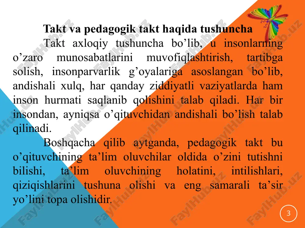 samlashgan shaxsiy insoniy hislatlarining yig‘indisidir. pedagogik nazokat – 11 o‘qituvchi deyarli har kuni o‘quvchilar bilan uchrashadi, savol-javob qiladi, ularning yaxshi xulq va ezgu ishlarini ma’qullaydi, bilimlarini baholaydi, nojo‘ya hatti-harakatlari uchun tanbeh berib, lozim bo‘lganda tarbiyaviy metodlarni qo‘llaydi. pedagogik nazokat doimiy izlanishni, ijodkorlikni talab qiladi. doimiy ijodiy izlanishda bo‘lgan o‘qituvchi tadqiqotchilik ko‘nikma va malakalariga ega bo‘ladi, ilm-fan muammolari, tarbiya etikasi va psixologiyasi yuzasidan erkin fikr yurita oladi. 12 o‘quvchilar bilan munosabatlarda pedagogik nazokatni qo‘llash natijasida: o‘qituvchi o‘quvchilarning xarakterini, ichki dunyosini yaxshi bilib oladi, o‘quvchilar bilan munosabatda do‘stona muloqot qilish imkoniyatlari paydo bo‘ladi; o‘qituvchi o‘quvchilar bilan chin ko‘ngildan bir-biriga yaqin bo‘ladi, ba’zan eshitmasligi kerak bo‘lgan o‘quvchilarning o‘zaro sirli gaplarini eshitmasdan o‘tib ketishi mumkin, negaki o‘zgalar gapini tinglash odobsizlik o‘qituvchi ba’zan o‘quvchilar jamoasining kundalik ishlariga aralashmasligi, jamoada ro‘y beradigan ba’zi ko‘ngilsiz hodisalarni ijobiy hal etishni jamoa faollari zimmasiga havola etishi mumkin. 13 o‘qituvchining pedagogik nazokati mohiyati 5. pedagogik nazokatning mohiyati va xususiyatlari avvalo …