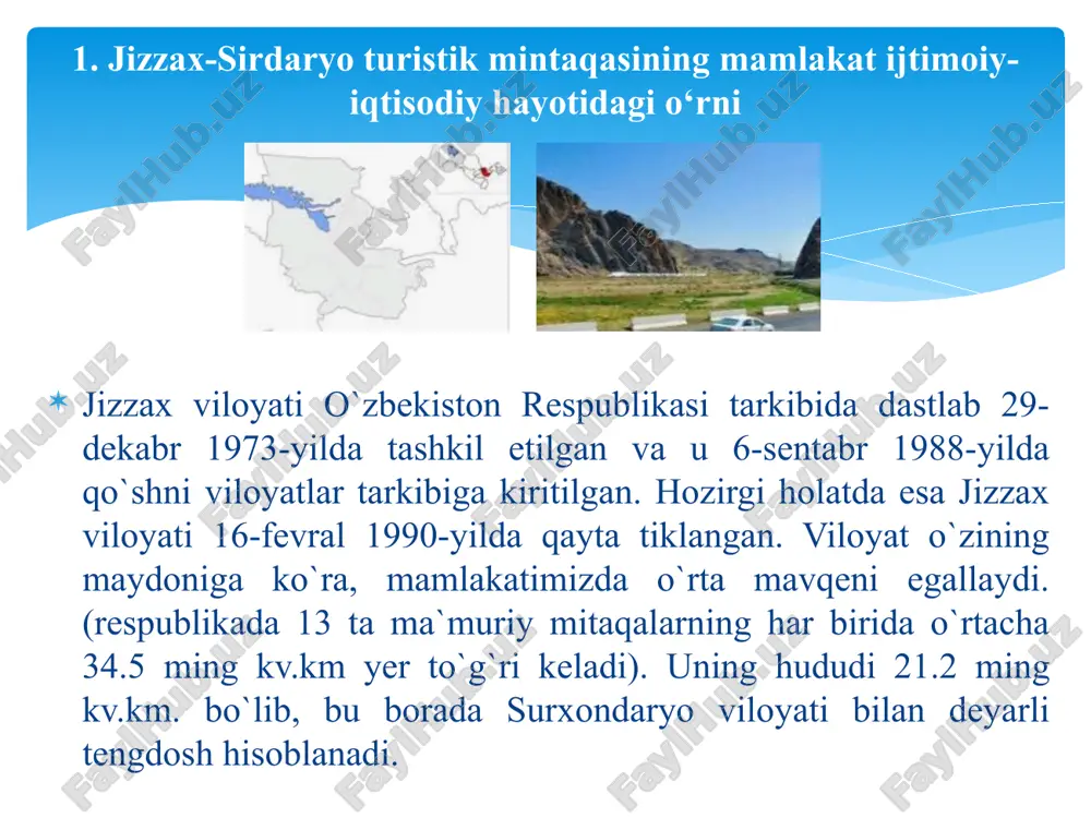 da iqtisodiyotida turizm o’z o’rniga ega bo’ladi. jizzax viloyatida turizmning maxsus turlarini tashkil etish. jizzax viloyatida turizmning maxsus turlarini quyidagi jadval ma`lumotlari asosida ko`rish mumkin. 2. mintaqada turizmning rivojlanish tendensiyalari. mintaqaning turistik resurslari salohiyati jizzax viloyatida turizmning maxsus turlari turizmning maxsus turlari turizmda qiziqish foydalanish ob`ekti ommaviy rivojlangan, joylashgan tumanlar. milliy madaniyatga qiziqish turimi qishloq va fermer hayoti turizmi. qadimgi tabiat yodgorliklari turizmi milliy hunarmandchilik turizmi. kashtachilik milliy liboslar milliy ustachilik. gilamchilik. milliy o`yinlar turizmi. g`orshunoslik turizmi. ekoturizm. urf-odatlar, oila hayoti, milliy etiket, kattalar va yoshlar munosabati, uy tutish, kelin to`y, sunnat to`yi, mehmon kutishva mehmondorchilik marosimlari. qishloqlarning turli tumanligi va tabiiy-tarixiy davrga yuzaga kelishi, qishloq aholisi hayoti, fermerlar hayoti va faoliyati. 1.sharsharalar. 2.karst buloqlar. 3.tabiat go`shalari. 4.tabiat haykallari, rasmlari. matoga rangli gul solish. milliy to`n. egarsozlik. gilam va polos to`qish. chavandoz ot ustida tortishuvga marraga uloq olib boorish, ko`pkari. amir temur darvozasidagi g`or. qo`riqxona va milliy bog`larga sayohat. o`zbekiston …