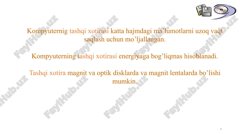 s1.xml ppt/diagrams/quickstyle1.xml ppt/diagrams/layout1.xml ppt/theme/theme2.xml ppt/theme/theme1.xml ppt/media/image2.wmf ppt/media/image8.png ppt/media/image5.png ppt/media/image4.png ppt/embeddings/oleobject1.bin ppt/embeddings/oleobject2.bin ppt/media/image45.png ppt/media/image26.png ppt/media/image49.jpeg ppt/media/image53.jpeg ppt/media/image52.jpeg ppt/media/image51.jpeg ppt/media/image41.jpeg ppt/media/image40.jpeg ppt/media/image28.png ppt/media/image27.png ppt/media/image33.jpeg ppt/media/image35.png ppt/media/image38.jpeg ppt/media/image34.jpeg ppt/presprops.xml ppt/viewprops.xml ppt/tablestyles.xml docprops/app.xml ppt/media/media2.mp4 docprops/core.xml ppt/media/media1.mp4 ppt/media/image1.png ppt/media/image13.png ppt/media/image16.png ppt/media/image18.png ppt/media/image21.png ppt/media/image22.png ppt/media/image24.png ppt/media/image25.png ppt/media/image29.png ppt/media/image3.png ppt/media/image30.png ppt/media/image31.png ppt/media/image32.png ppt/media/image36.png ppt/media/image37.png ppt/media/image39.png ppt/media/image42.png ppt/media/image43.png ppt/media/image44.png ppt/media/image46.png ppt/media/image47.png ppt/media/image48.png ppt/media/image50.png ppt/media/image54.png ppt/media/image55.png ppt/media/image56.png ppt/media/image57.png ppt/media/image58.png ppt/media/image6.png ppt/media/image64.png ppt/media/image7.png ppt/slides/_rels/slide36.xml.rels ppt/slides/slide15.xml ppt/slides/slide27.xml ppt/slides/slide36.xml [content_types].xml _rels/.rels docprops/custom.xml tashqi xotira va ularning turlari . raid massivlar . optik disklar optik diskning yuzasi aks ettirishning turli usullariga sohalardan iborat . diskovodning lazer nuri disk yuzasiga urilib , aks ettiriladi va kompyuterning raqamli kodiga aylantiriladi ( aks ettrish – 1, aks etmaydi – 0). 3 kompyuternig tashqi xotirasi katta hajmdagi ma’lumotlarni uzoq vaqt saqlash uchun mo’ljallangan . kompyuterning tashqi xotirasi energiyaga bog’liqmas hisoblanadi . tashqi xotira ma