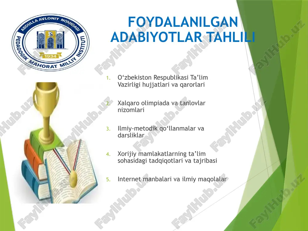 idorli o‘quvchilarni aniqlash uchun saralash imtihonlari o‘tkazish - olimpiadaga tayyorgarlik bo‘yicha maxsus kurslarni tashkil etish maktab ma’muriyati, fan o‘qituvchilari sentabr – oktyabr iqtidorli o‘quvchilar aniqlanadi va ular maxsus tayyorgarlikka jalb qilinadi 2 ustoz va murabbiylar malakasini oshirish - olimpiada murabbiylari uchun maxsus seminar va treninglar o‘tkazish - ilg‘or o‘qitish metodlarini joriy etish maktab ma’muriyati, trenerlar noyabr – dekabr o‘qituvchilarning olimpiada tayyorlov metodikasi kuchayadi 3 resurslar bilan ta’minlash - elektron va bosma adabiyotlar, ilmiy maqolalar bilan ta’minlash - onlayn ta’lim platformalaridan foydalanish imkoniyatini yaratish kutubxona mudiri, it bo‘limi yanvar – fevral o‘quvchilar va o‘qituvchilar zamonaviy ta’lim resurslaridan foydalanadi 4 maktab ichki olimpiadalarini tashkil qilish - sinov olimpiadalarini o‘tkazish - g‘oliblarni aniqlab, keyingi bosqichlarga yo‘naltirish fan o‘qituvchilari, ma’muriyat fevral – mart eng iqtidorli o‘quvchilar saralanadi va tayyorlanadi 5 natijalarni tahlil qilish va takomillashtirish - o‘quvchilar ishtirok etgan olimpiadalar natijalarini baholash - kelgusi yillarga strategik reja ishlab chiqish maktab ma’muriyati, fan bo‘limi aprel …