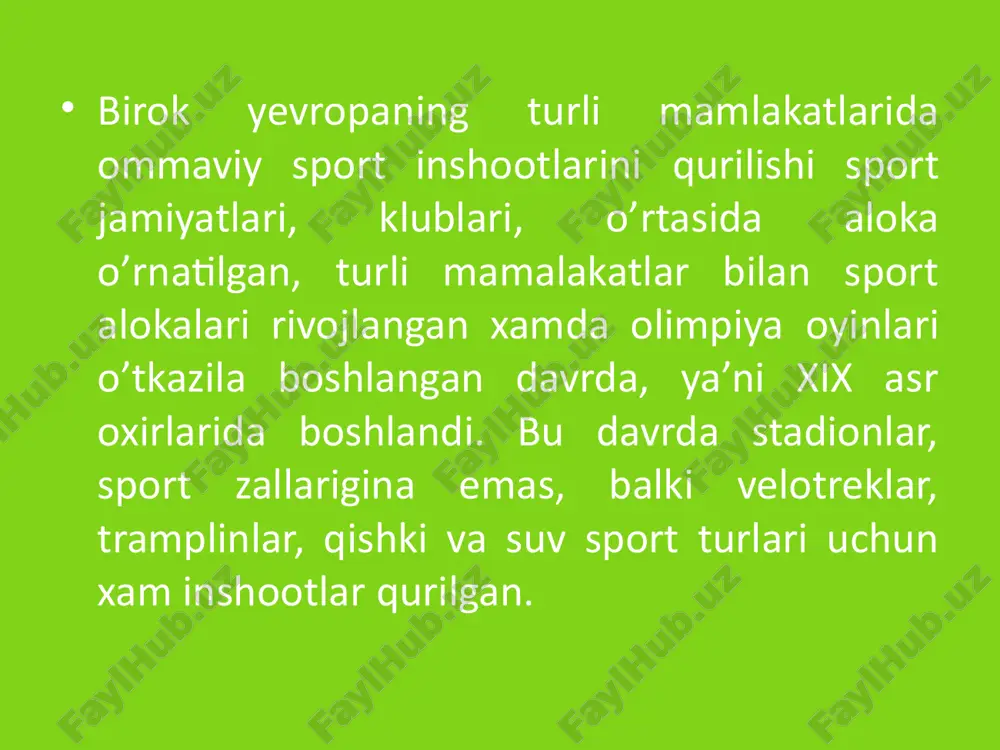 oqulay bo’lganligi sababli, keyinchalik qayta ta’mirlangan. vii olimpiada o’yinlari (1920 yil) belgiyaning antverpen shaxrida bo’lgan. antverpen stadionining uzun yoy shaklidagi tribunalari o’ziga 60000 tomoshabinni sig’dirgan (5-rasm). tribunaning garbiy qismida tomoshabinni yomgirdan ximoya qiluvchi moslama bo’lgan. antverpen stadioni, belgiya viii olimpiada o’yinlari (1924 yil) fransiyaning parij shaxrida bo’lgan. olimpiada uchun "kolomb" stadioni qurilgan. stadionda 450 metrli yugurish yo’lagi bo’lib, bu sportchilar uchun noqulay bo’lgan. shu sababli boshqa foydalanilmagan. "kolomb" stadioni yirik sport kompleksi bo’lib, unda asosiy sport maydoni, suzish xavzasi, tennis korti, xar xil mashq qilish va yordamchi sport inshootlari bo’lgan. ix olimpiada o’yinlari (1928 yil) gollandiyaning amsterdam shaxrida bo’lgan. amsterdam stadionida asosiy bosh arenadan tapshqari futbol maydoni va 7000 o’rinli tennis korti, 50x18 metrli suzish xavzasi va xar xil sport bilan shug’ullanish uchun maydonchalar bo’lgan. asosiy sport maydoni yonida kurash, gimnastika, qilichbozlik va boks uchun sport zallari joylashgan. stadion xududida yengil avtomashinalar va velosipedlar uchun turish joyi xam bo’lgan. asosiy …
