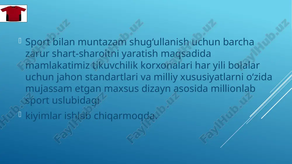 qilish yoxud sportchining ma’lum mashg’ulotlar, harakatlar qilishida o’zini har tomonlama qulay his qilishi, erkin harakatlanishi va yana yuqori sport natijalariga erishishiga yordam beruvchi kiyimlar tushuniladi. bolalar maktabga borishlari bilan ularda yangi majburiyatlar, mashg’ulotlar, yangi kun tartibi paydo bo’ladi. maktab o’quvchisining garderobiga maktab formasidan tashqari sport kostyumlari bo’ladi.bolalar sportini rivojlanishi bilan bir qatorda, sport buyumlarini ishlab chiqarish ham yuqori o’rinda bormoqda.sport mashg’ulotlari bilan shug’ullanish jarayonida sportchi turli hil dinamik harakatlar bajaradi (1.16-rasm). sport turlaridagi dinamik xarakatlar. bolani qanday sport turi bilan shug’ullanishi va undagi dinamik harakatlarga qarab gazlamaning fizik-mexanik xususiyatlaridan kelib chiqib buyum uchun matolar tanlanadi.sportchining kiyimi ana shu dinamik harakatlar ta’siriga chidamli, kiyim uchun tanlangan material o’z xususiyatini yo’qotmasligi ayniqsa muhimdir. sportchining kiyimi doimo tana bilan munosabatda bo’lib, jismoniy harakatlar natijasida tana kiyimga turli xil dinamik ta’sirlar o’tkazadi: kiyimni eksplutatsiya davrida gazlamaga inson tanasidan ajralib chiqadigan suyuqliklar, mineral tuzlar, kimyoviy ishlovlar, yuvish, dazmollash kabi fizik- mexanik ta’sirlar o’tkaziladi. sport kiyimi …