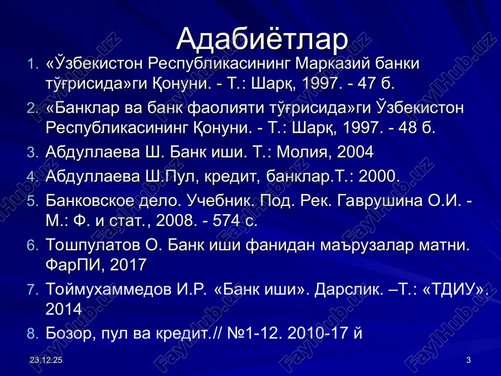 ardan 1200000 ekyu 600000 ekyu 1999 y. 1 yanvardan 160000 ekyu 800000 ekyu 2001 y. 1 yanvardan 2 mln. ekyu 1 mln. ekyu 2002 y. 1 yanvardan $ 2,5 mln. $1,25mln. 2004 y. 1 yanvardan $ 5 mln. $ 2,5 mln. 2011 y. 1 yanvardan €10 mln. € 5 mln. 2018 y. 1 yanvardan 100 mlrd. so'm 100 mlrd. so'm * * barqaror moliyalashning sof me'yori = barqaror moliyalashda imkon bo'lgan summa ≥100% barqaror moliyalashda zarur bo'lgan summa 2018 yil 1 yanvardan barcha tijorat banklari barqaror moliyalashning sof me'yori (100 foizdan kam bo'lmagan) ko'rsatkichi bo'yicha nazorat qilinadi: barqaror moliyalashning sof me'yori * * barqaror moliyalashning sof me'yorini aniqlashgda quyidagi manbalardan foydalaniladi: barqaror moliyalashda imkon bo'lgan summaga quyidagilar kiradi: - bank kapitali summasi; - bankning 365 va undan ortiq kunda qoplanadigan majburiyatlari; - muddati ko'rsatilmagan yoki 365 kundan kam bo'lgan boshqa depozit va qarz mablag'larining 30 foizi. barqaror moliyalashda zarur bo'lgan …