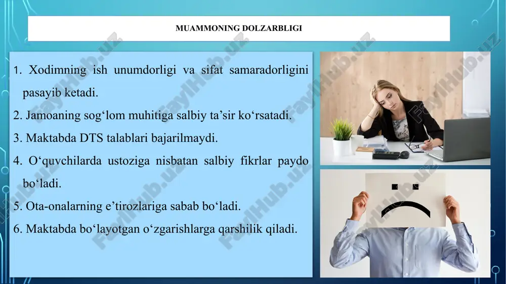 sh mumkin. yaponiyada o‘qituvchilar mas’ul oʻqituvchi va yordamchi oʻqituvchi boʻlib birgalikda dars berishadi. “ustoz-shogird” an’anasi doirasida mas’ul oʻqituvchi va yordamchi oʻqituvchi boʻlib dars mashg‘ulotlarini tashkil etish kerak. . amaldagi holat (o‘zbekistonda) amaldagi holat (xorijda) taklif o‘qituvchilar uchun kasb standarti ishlab chiqilgan angliyada oʻqituvchilar standartlari (teachers’ standarts) mavjud. o‘qituvchi ish unumdorligini oshishi uchun ish faoliyatini baholab borish kerak bugungi kunda o‘z ustida ishlab natijaga erishayotgan pedagoglarga rag‘bat sifatida ustamalar qo‘shib berilmoqda. bu esa bugungi kun pedagoglaridan professional rivojlanishni talab etmoqda. finlandiyada maosh va sharoitlar sohasida. ta’lim xodimlariga yuqori maoshlar, sotsial qulayliklar va professional rivojlanish uchun imkoniyatlar taqdim etiladi va ularni yuqori ilhomlantiradi. ish unumdorligini oshirish uchun vatanparvarlik ruhidagi tadbirlarni ko‘proq tashkil etish va o‘qituvchi qasamyodini tashkil etish kerak. 11 xulosa maktablardagi demotivatsiyaga ega xodimlarni aniqlash va ularning ish unumdorligini oshirishning aniq mexanizmlarini ishlab chiqish zarur. o‘qituvchining mutaxassisligi bo‘yicha prezident, ijod va ixtisoslashgan maktablarda malaka oshirish kurslarini tashkil etish orqali o‘qituvchilarning boshqa …