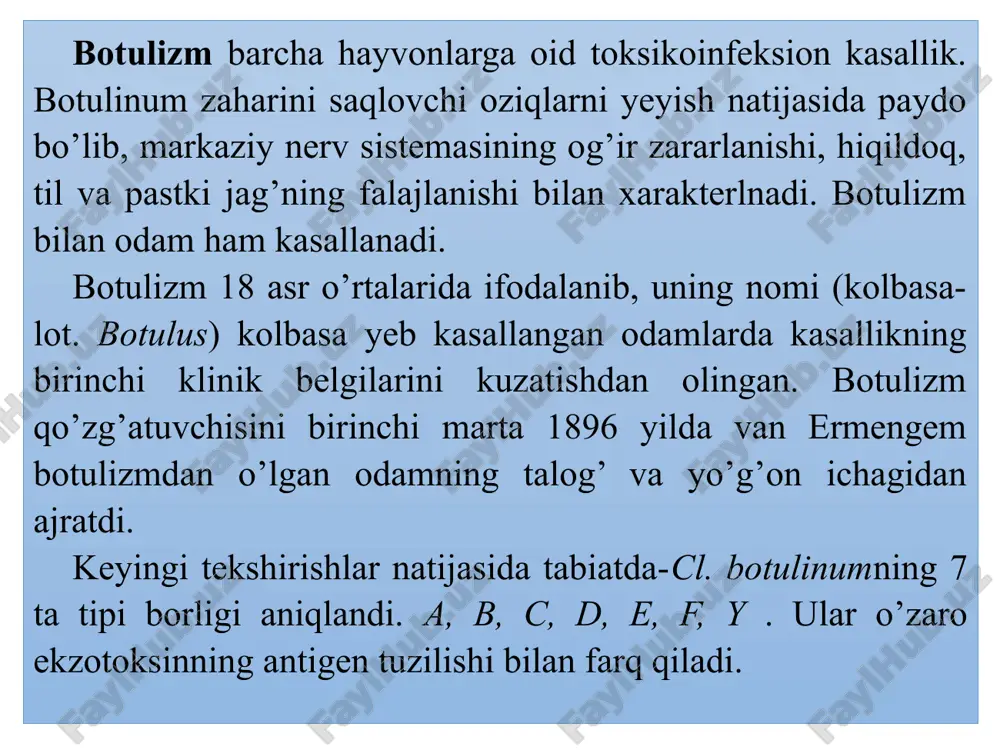 n bu xususiyatlar doimiy emas, shuning uchun mikrobni farqlash va tiplarini ajratishda aniq belgi hisoblanmaydi. bakteriyaning a va b tiplari yuqori proteolitik aktivlikka ega. chidamliligi. qo’zg’atuvchining vegetativ hujayralari tashqi muhitning har xil omillariga chidamsiz. 800s haroratda 30 minutda, qaynatganda 2-5 minutda o’ladi. qo’zg’atuvchi sporalari juda chidamli. ular 5-6 soat qaynatilganida halok bo’ladi. shuning uchun botulizm sporasini zarasizlantirish uchun uni 1200sda 30 minut avtoklavlash kerak. sporalar past haroratga chidamli va -190s da o’lmaydi. -160sda bir yil saqlanadi. shuning uchun ko’p miqdorda sporasi bor muzlagan substratlar zaharli bo’lishi mumkin. ular suyuq moddalarda qaynatilganda 15-20 minutdan keyin, zich moddada esa 2 soatdan keyin parchalanadi. bakteriya sporalari 5% li fenolda bir sutka, 10% li xlorid kislotasi uy haroratida bir soatda, 40% li formalin ikki barobar suyultirilganda 24 soatda o’ldiradi. patogenligi. anaerob sharoitlarda hayvon organizmi, o’simlik va hayvon mahsulotlarida, hamda maxsus oziqa muhitlarda cl.botulinum neyrotoksinlar guruhiga kiruvchi kuchli ekzotoksin hosil qiladi. bu toksin barcha ma’lum …