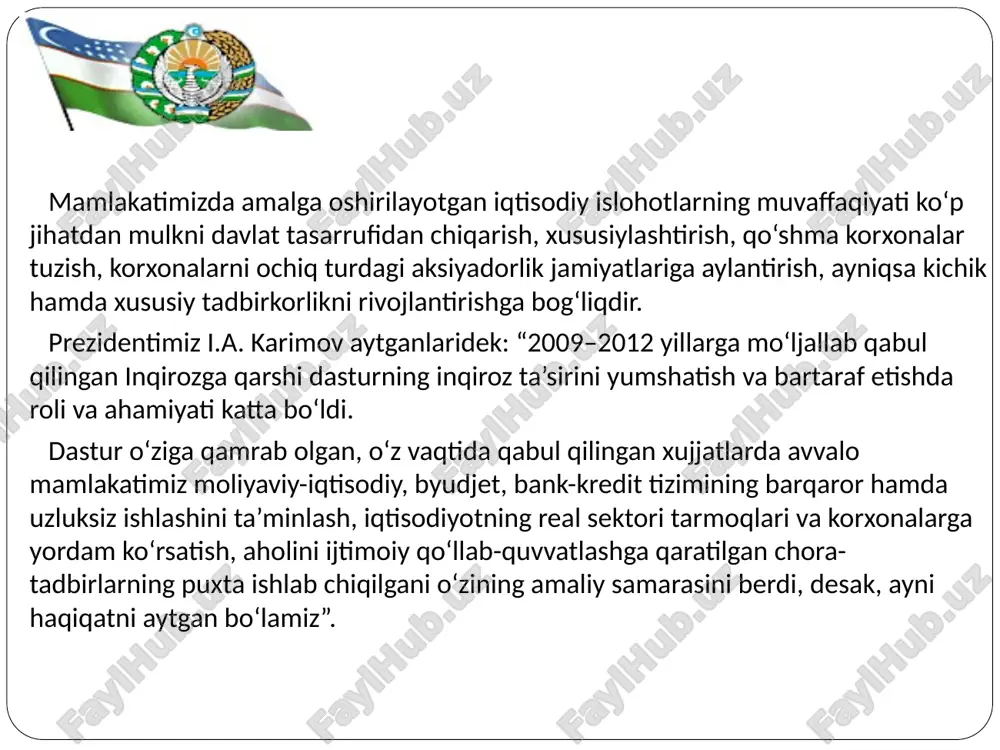 quqiy asoslarni yaratishda o‘zimizga xos yondoshuvlarni, qonun xujjatlarini ishlab chiqish va qabul qilish bo‘yicha o‘z mexanizmimizni vujudga keltirdik. hozirgi paytda islohotlar jarayonini davlat-huquqiy jihatdan boshqarishning yaxlit tizimi tarkib topdi. islohotlarning huquqiy negizini yaratish bir qancha muhim yo‘nalishlar bo‘yicha amalga oshirildi: davlat mustaqilligi, iqtisodiy mustaqilligining huquqiy negizlarini yaratish, davlatni boshqarish qonunlarini tartibga soluvchi qonunlarni qabul qilish; tizimdagi o‘zgarishlarga, sifat jihatidan yangi iqtisodiy munosabatlarga va, eng avvalo, mulkchilik munosabatlariga asos soladigan qonunlar majmuini yaratish; xo‘jalik yuritishning va institutsional o‘zgarishlarning bozor sharoitlariga mos keladigan mexanizmini yaratish; xalqaro munosabatlarning huquqiy me’yorlarini yaratish va hokazolar. bu esa boshqaruvda samarali faoliyat ko‘rsatishni taqozo etadi. bugungi kunda korxonalarda menejment samaradorligini oshirish va yangi zamonaviy ishlab chiqarish tizimiga o‘tish zamon talabi bo‘lib hisoblanmoqda. tarkibiy jihatdan har qanday ishlab chiqarish bir qancha ishlab chiqarish yacheykalariga (ish joylari, brigada, bo‘limlar, sex, korxonalar,tashkilotlar va ishlab chiqarish birlashmalari) va xo‘jalik tizimlariga (respublika birlashmalari, tarmoqlar) bo‘linadi. asosiy ishlab chiqarish yacheykasi bo‘lib korxona, tashkilot, …