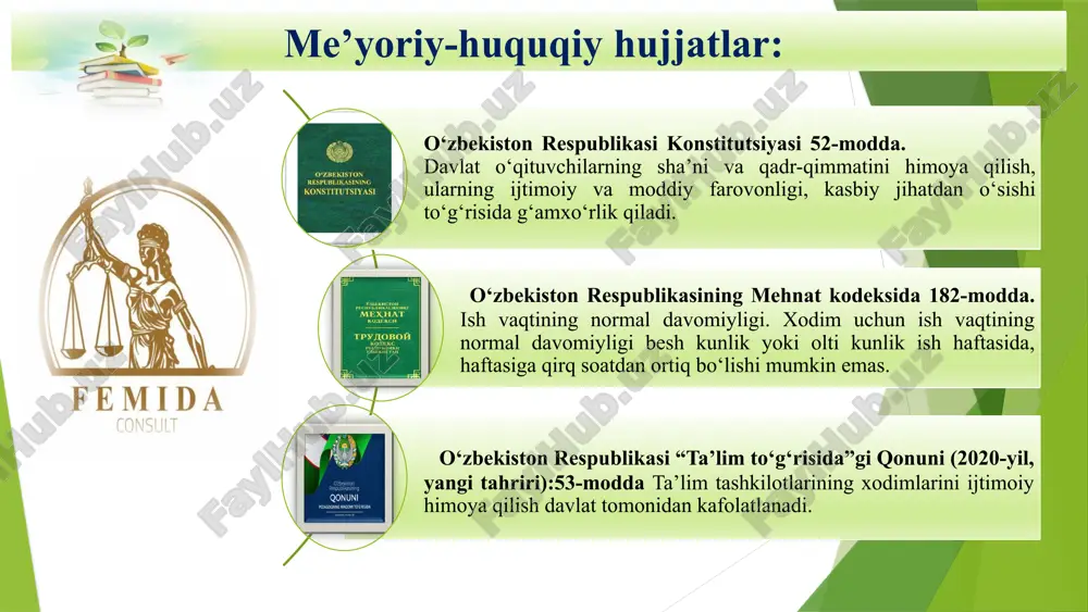 smoniy qo‘llab-quvvatlash tizimi rivojlangan. bu demotivatsiyaga ega bo‘lgan xodimlarning ish samaradorligini oshiradi yaponiyada o‘qituvchilarga nafaqat kasbiy, balki jismoniy va ruhiy qo‘llab-quvvatlash tizimi ham taqdim etiladi. bu o‘qituvchilarning ishga bo‘lgan ishtiyoqini oshiradi o‘qituvchilar uchun sport musobaqalari va sayohatlar tashkil qilish kabi dam olish imkoniyatlari yaratish orqali ularning motivatsiyasini oshirishga erishish 8 xulosa 1 demotivatsiya sabablarini aniqlash va ularni bartaraf etish uchun samarali psixologik va ijtimoiy yordam tizimi tashkil etish kerak. 2 o‘qituvchilar va xodimlarning motivatsiyasini tiklash uchun kasbiy, jismoniy va ruhiy qo‘llab-quvvatlash tizimlaridan samarali foydalanish kerak. 3 o‘qituvchilarni to‘g‘ri rag‘batlantirish, yangi pedagogik yondashuvlar bilan tanishtirish va ular uchun professional rivojlanish imkoniyatlarini yaratish orqali ta’lim sifati samaradorligini oshirish. taklif muntazam ravishda trening va seminarlarni tashkil qilish orqali xodimlarning malakasini oshirish. o‘zbekistonning turli shaharlaridagi tarixiy obidalar va muzeylarga sayohatlarni yil davomida muntazam ravishda tashkil etish. o‘qituvchilarni turli yutuqlari va muvaffaqiyatlarini doimiy ravishda taqdirlab borish. chora-tadbir t/r muammo amalga oshirish mexanizmi mas’ullar muddati kutilayotgan …