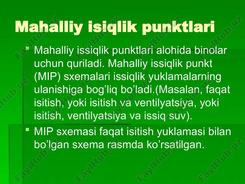 i uskunalarni qo’llashga va xizmat ko’rsatish sifatini oshirishga imkoniyat yaratib berdi. markazlashgan issiqlik punkglari bir necha binolar daha yoki mavze uchun xizmat qiladi. shahar mavzelarini issiqlik bilan ta’minlash tizimining yopiq tizimi uchun markazlashtirilgan issiqlik punktlarining andazaviy sxemalari ishlab chiqilgan. shahar mavzelarini issiqlik bilan ta’minlash tizimining yopiq tizimi uchun markazlashtirilgan issiqlik punkti sxemasi. 1 - isitgichning 1-chi bosqichi; 2 - isitgichning 2-chi bosqichi; 3- dolomit filtrlar; 4-iflos tutgich, 5- aralashtirish nasosi; 6- harorat sozlagichi. 7- uch tomonlama klapan; 8- suv sarfi diafragmasi; 9- o’lchagich; 10- issiq suv bilan ta’minlash tizimi uchun sirkulyatsion nasos. issiq suv issiqlik bilan ta’minlashdagi isitgichlar ikki bosqichli ketma-ket (a zulfin ochiq, b zulfin yopiq) yoki aralashgan sxema bo’yicha ulanishi mumkin. a zulfin ochiq b zulfin yopiq bo’lgan holatda ii qizdirgichdan keyin tarmoq suvi, mavzeni isitish tizimidan kelayotgan qaytish quvuriga beriladi. quvurlar va uskunalarni korroziyadan saqlash uchun dalomitli filtrlar qo’yiladi. markazlashgan issiqlik punktlaridagi issiqlik taminotining ochiq sxemalari (rasm) …