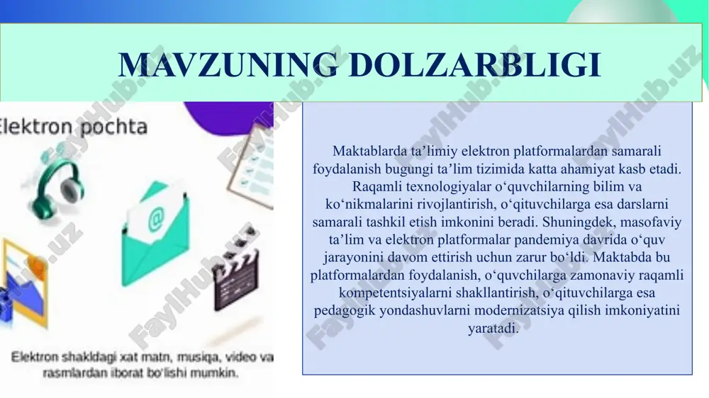 uy vazifasi, baholash natijalari, onlayn materiallar bir tizimda jamlangan. aqshda har bir o‘quvchiga alohida kompyuter yoki planshet berish orqali ta’lim jarayonini raqamlashtirish keng yo‘lga qo‘yilgan. elektron ta’lim dasturlari orqali mustaqil o‘rganish, bilimni baholash va ota-onalar bilan aloqani osonlashtirish mumkin. o‘qituvchilarning raqamli savodxonligini oshirish uchun doimiy o‘quv mashg‘ulotlari tashkil etiladi. o‘quvchilarning darsdagi faolligi, ishtiroki va bilim ko‘rsatkichlari maxsus dasturlar orqali doimiy nazorat qilinadi. yaponiyada har bir o‘quvchi uchun planshet, sifatli internet tarmog‘i va zaruriy dasturlar bilan ta’minlash tizimi yo‘lga qo‘yilgan. o‘qituvchilar uchun maxsus elektron o‘quv dasturlari yaratilgan bo‘lib, ular orqali darslarni rejalashtirish va baholash osonlashgan. o‘quvchilarning sog‘lom fikrlashi va axborotdan to‘g‘ri foydalanishi uchun axloqiy tarbiya bilan bog‘langan raqamli madaniyatga alohida e’tibor qaratiladi. darsdan tashqari ham o‘quvchilarga o‘z ustida ishlash, bilimlarni mustahkamlash va sinov topshiriqlarini bajarish imkoniyati yaratilgan. qiyosiy tahlil № amaldagi holat (o‘zbekistonda) amaldagi holat (xorijda) taklif 1 o‘zbekistonda so‘nggi yillarda ta’lim tizimini raqamlashtirishga alohida e’tibor qaratilmoqda. elektron platformalar soni ortib …