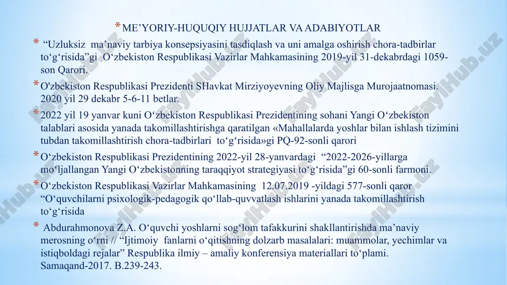 mazmunli tashkil etish, milliy xalq oʻyinlari va sport turlarini yoshlar orasida ommalashtirish, besh muhim tashabbus loyihalari, yoshlar festivallari va boshqa madaniy-ma’rifiy tadbirlarni amalga oshirish, yoshlarning ijtimoiy faolligini oshirish, iqtidori, iste’dodi va tashabbuslarini ragʻbatlantirish hamda hayotda oʻz oʻrnini topishlariga koʻmaklashish, yoshlarni vatanparvarlik ruhida tarbiyalash hamda ularning intellektual jihatdan kamol topishini va ma’naviy rivojlanishini ta’minlash. muammo yuzasidan xorijiy tajribalarni o‘rganilganligi ota-onalarning farzand tarbiyasiga befarqligi, mahalla faollarining maktabdagi tarbiya va davomat masalasiga e’tiborsizligi yaponlar farzandlari bilan 5 yoshgacha shoh bilan gaplashgandek muomala qilishadi, 5 yoshdan 15 yoshgacha qul bilan gaplashgandek, 15 yoshdan keyin esa tengdoshi bilan gaplashgandek muomala qilishadi. 15 yoshli o„smir - o„zining majburiyatlarini yaxshi biladigan, va qoidalarga bo„ysinadigan yoshdagi katta odam deb hisoblanadi. xitoyliklarning ―bir yilni ko‘zlasangiz sholi eking, ellik yilni ko‗zlasangiz daraxt eking, yuz yilni ko‗zlasangiz farzand tarbiyalang‖ degan hikmatidan bugungi kunda zamonaviy davlatlarning deyarli barchasi samarali foydalanmoqda qiyosiy tahlil etilganligi amaldagi holat (o‘zbekistonda) bugungi kunda jahonda kechayotgan ma’naviy tahdidlar …