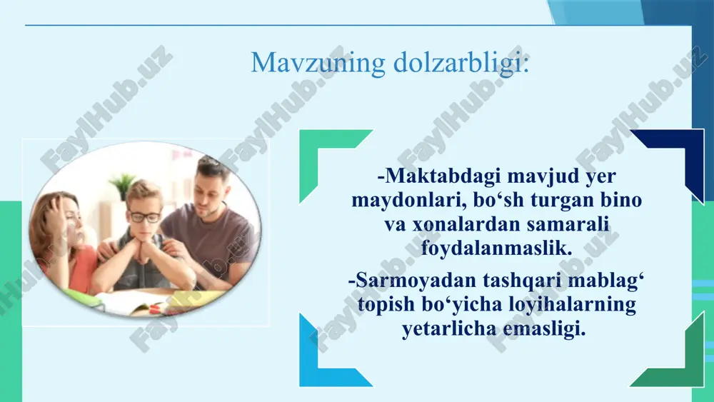 malardan foydalanish. janubiy koreya-ta’limi jadal rivojlangani uchun datsliklar 5-10 yilda bir bor ko‘rib chiqilib, zamonaviy talablarga moslashtiriladi. elektron darsliklar va qo‘shimcha resurslar edunet va ebs platformalari orqali taqdim etiladi. turkiya- elektron darsliklar va raqamli ta’lim platformalaridan foydalanish, “fatih” dasturi orqali maktablar planshet va raqamli ta’lim resurslari bilan to‘liq ta’minlangan. elektron darslik va resurslarni to‘plash o‘quvchilarni onlayn kutubxona, elektron katalog va qr kodli tizim bilan samarali ishlashni yo‘lga qo‘yish. boshlang‘ich 1-sinflarni (35 nafar) planshetlar bilan ta’minlash . bunda o‘quvchilarning onlayn ta’lim platformalar bilan ishlash ko‘nikmasi shakllanib boradi maktablarda byudjetdan tashqari mablag‘lar topishning sustligi. chexiya- maktablari moddiy texnik bazasi zamonaviy jihozlar bilan ta’minlangan. pullik to‘garaklar yaxshi yo‘lga qo‘yilgan. maktabning bo‘sh turgan bino, xonalarini shartnomalar asosida kurs o‘tish uchun ijaraga berish. maktab sport zal va maydonchalarini sport maktablariga ijaraga berish. xulosa maktabda moddiy resurslardan samarali foydalanish ta’lim sifatini barqaror o‘sishini ta’minlaydi va samaradorlikni uzluksiz rivojlanishiga xizmat qiladi. takliflar o‘quv jarayoni resurslari o‘quv dasturlari …