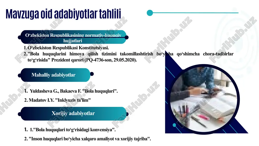 joriy qilinmagan. buyuk britaniyada- barcha bolalar uchun to‘laqonli inklyuziv ta’lim tizimi yo‘lga qo‘yilgan. maktablarda inklyuziv ta’lim sharoitlarini yanada yaxshilash, o‘qituvchilarni maxsus tayyorlash, xorijiy tajribalar asosida zamonaviy metodikalar va moslashtirilgan dasturlarni ishlab chiqish. xulosa bola huquqlarini himoya qilish bo‘yicha xalqaro tajribalarni maktab ta’limiga joriy etish dolzarb masala bo‘lib, bu nafaqat bolalarning huquqiy savodxonligini oshirish, balki ularning xavfsiz va inklyuziv muhitda ta’lim olishini ta’minlashga xizmat qiladi. turli mamlakatlar tajribasidan kelib chiqib, quyidagi muhim vazifalarni amalga oshirish zarur. umuman olganda, bola huquqlarini himoya qilish bo‘yicha xalqaro tajribalarni o‘rganish va ularni milliy ta’lim tizimiga joriy etish bolalar farovonligini oshirish va ularning huquqiy ongi rivojlanishiga xizmat qiladi. o‘zbekiston bu borada yetakchi davlatlarning ilg‘or tajribalaridan foydalanib, o‘z milliy modelini yaratishi lozim. takliflar 1. maktablarda huquqiy savodxonlikni oshirish: o‘quvchilarga huquqiy bilimlarni o‘rgatishning samarali yo‘li sifatida interfaol darslar va treninglar tashkil etish. o‘quvchilar o‘z huquqlarini tushunishi va amaliyotda qo‘llashni o‘rganishlari kerak. 2. bola huquqlari bo‘yicha ota-onalar va jamoatchilikni …