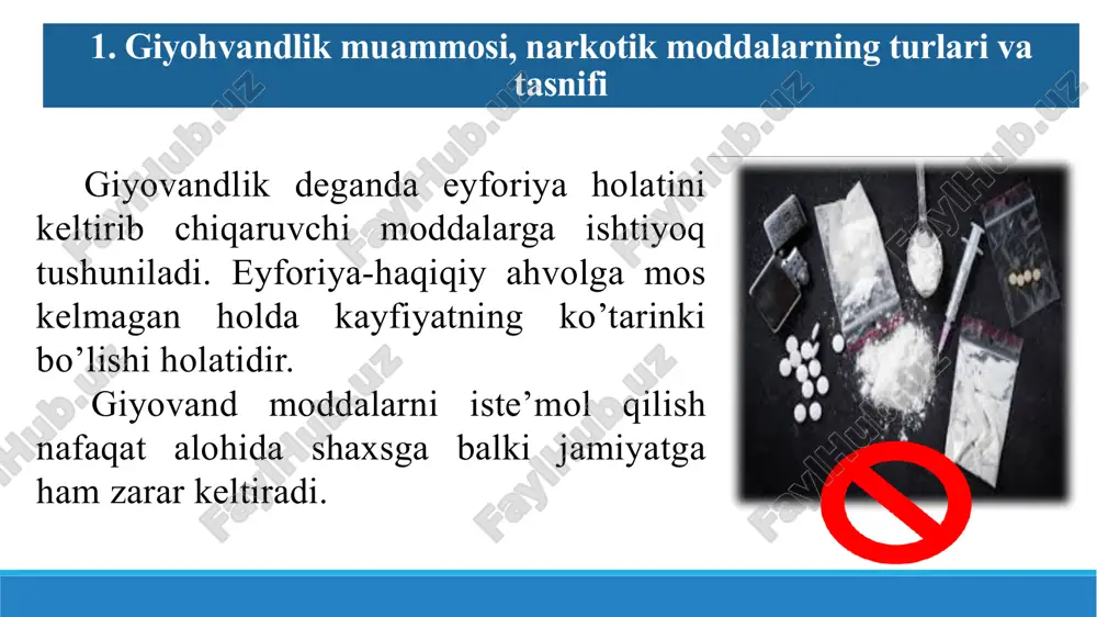 ri ko’rsatkichlari 1 ruhiy va jismoniy og’ishlar 2 uning shaxsiyatiga turli omillar ta’siri 3 1 2 3 biologik omillar-narkotik vositalarga nisbatan bag’rikenglik, kasallik, charchoq munosabati bilan giyovand moddalar qabul qilish; 01 ijtimoiy tengdoshlar guruhlari, moddaning ta’siri; 03 yoshlarning givandlashuv muammolarini uzoq vaqt oshkor qilmasliklari;. 05 ruhiy-eyforiya holatini boshdan kechirishga qiziqish, o’zini namoyon qilishga intilish, ijobiy ijtimoiy qiziqishlarning yo’qligi, ruhiyatning buzilishi; 02 ijtimoiymadaniy va submadaniyatning ta’siri-ba’zi yoshlar guruhlari narkotiklarni hayotning ajralmas bo’lagi deb hisoblashadi; 04 sobiq mafkuraviy va ijtimoiy institutlarning barham topishi, o’smirlarning g’arb madaniyati bilan qiziqib qolishlari; 06 07 narkotiklarga yetishish mumkinligi. savollar: e’tiboringiz uchun rahmat! image11.png image12.png image13.svg image14.png image15.png image1.png image2.png image16.jpeg image17.png image18.png image19.png image20.png image21.png image22.png .msftofcthm_accent5_lummod_75_fill { fill:#2e75b6; } /docprops/thumbnail.jpeg