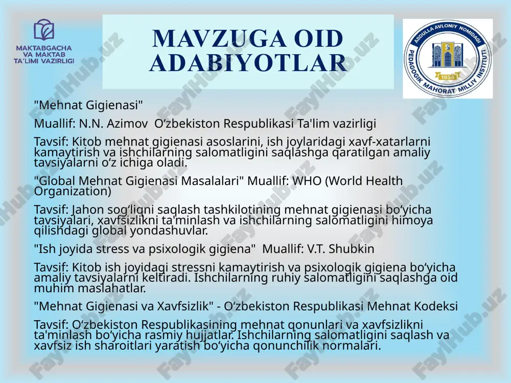 tni saqlash va tayyorlashda gigiena qoidalariga rioya qilish zarur.o'qituvchilar va ma'muriyatning ta'limi: o'qituvchilar va maktab ma'muriyati o'quvchilarni mehnat gigienasi haqida doimiy ravishda ma'lumot berib borishlari, shu jumladan, sinfda xavfsizlikni ta'minlashda o'z mas'uliyatlarini tushuntirishlari kerak.maktab jihozlarining gigienik holati: o'quvchilar foydalanadigan barcha jihozlar, stollar, stullar va boshqa ashyolar doimiy ravishda tozalanishi kerak, shu bilan birga har bir jihozning xavfsizligi tekshirilishi kerak. v a z i f a l a r 1. sinf xonalarini toza va tartibli saqlash:sinf xonalarini muntazam ravishda tozalash va sanitariya talablariga rioya qilish. o'quvchilar uchun qulay va sog'lom muhit yaratish, chang, kir va boshqa ifloslanishlardan saqlanish. 2. o'qituvchilar va xodimlar uchun mehnat xavfsizligini ta'minlash: har qanday xavfli vaziyatlarda o'quvchilar va xodimlarga yordam ko'rsatish. 3. sog'liqni saqlash va kasalliklarning oldini olish: o'quvchilarga va o'qituvchilarga sog'lom turmush tarzini targ'ib qilish. 4. maktabda sanitariya-texnik vositalar va jihozlarni tozalash: o'quvchilar foydalanadigan mebel, jihozlar va boshqa ashyolarni toza va gigiyenik holatda saqlash. maktabda sanitariya-texnik …
