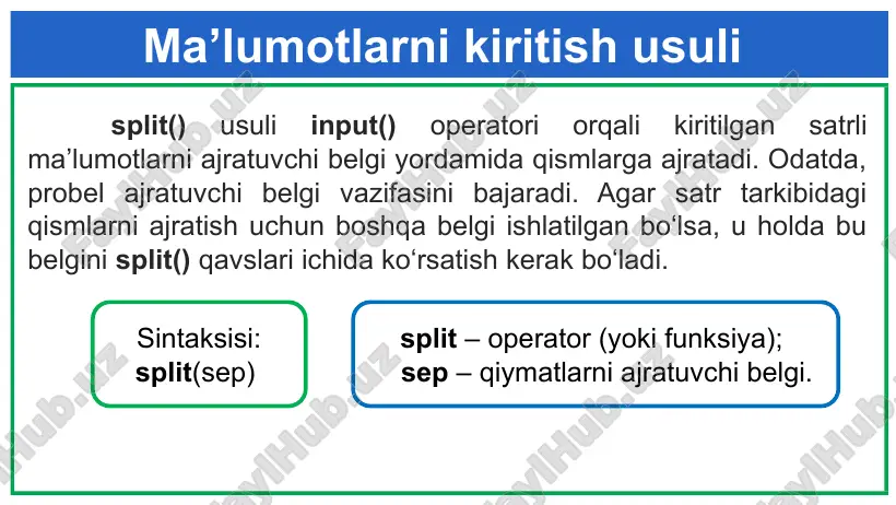 python dasturlash tilida ma'lumotlarni ajratuvchi belgi yordamida qismlarga ajratish - Page 3