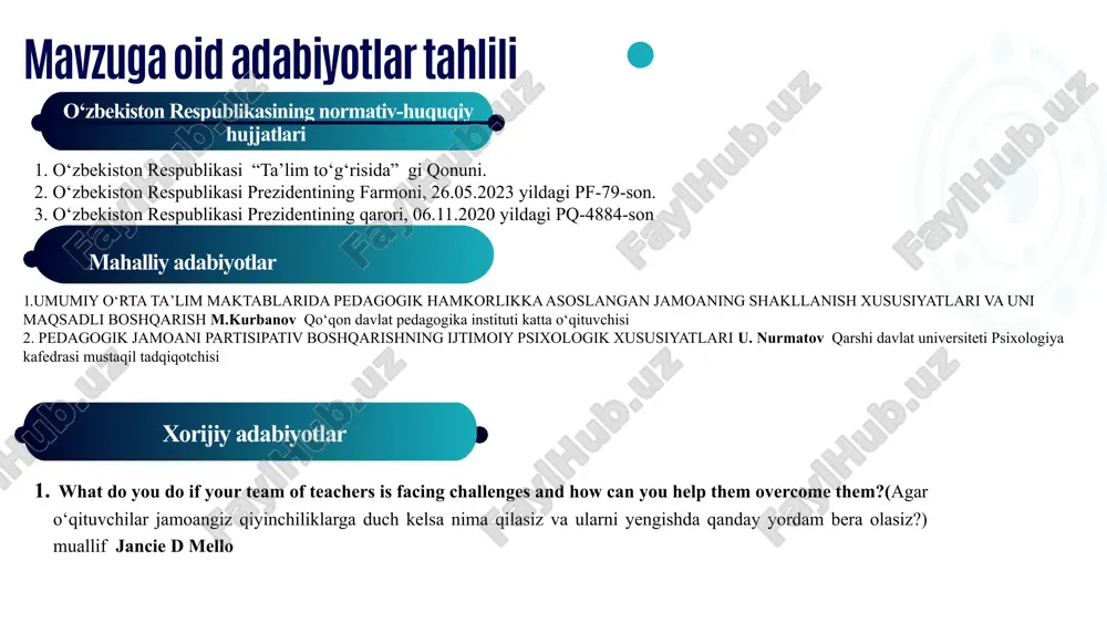 g kasbiy rivojlanishini ta’minlash uchun xalqaro tajribaga asoslangan holda tashkil qilingan (krk va krs)tadbirlarini yanada sifatli va tizimli yo‘lga qo‘yish. “levin” modelini qo‘llash. 3 o‘qituvchilar va ota-onalar o‘rtasidagi hamkorlik sustligi. keng jamoatchilikning va ayrim ota-onalarning maktabga nisbatan salbiy qarashlari mavjud. aqsh ta’lim tizimida ota-onalar va jamiyat maktab boshqaruvida faol ishtirok etadi. o‘qituvchilarning ota-onalar bilan hamkorligini mustahkamlashda pr, ijtimoiy tarmoqlardan keng foydalangan holda maktab faoliyatidagi qilinayotgan ijobiy ishlarni yoritib borish orqali maktab imijini yaratish, nufuzini ko‘tarish. . xulosa pedagogik jamoani samarali boshqarish ta’lim sifatini oshirishning asosiy omillaridan biridir. pedagog jamoani boshqarishdagi yuqorida sanab o‘tganimiz, qator qiyinchiliklarni bartaraf etish uchun samarali boshqaruv tizimini joriy etish ya’ni rahbarlikni san’at darajasiga ko‘tarish lozim, zero ushbu qiyinchiliklarni aksar qismi salohiyatli rahbar bo‘lsagina, maktab egasi haqiqiy lider bo ‘lsagina bartaraf etiladi, shaffof boshqaruv ta’minlanadi. o‘qituvchilarni rag‘batlantirish,rivojlantirish, innovatsion texnologiyalarni keng qo‘llash , maktab ravnaqi uchun xalqaro tajribalarni inobatga olgan holda, ta’lim tizimida islohotlarni izchil amalga oshirish va …