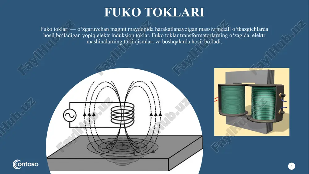 eyuk induksiyalanadi. 12 yaxlit o’tkazgichlar o’zgaruvchan magnit maydoniga kiritilganda induksion toklarning hosil bo’lishini birinchi marta fuko aniqlagan va uning sharafiga fuko toklari yoki uyurmaviy toklar deb atalgan. xulosa xulosa qilib shuni aytish mumkinki, fuko toklaridan hozirgi kunda juda keng foydalanilmoqda. xususan, metallarni eritish, ularning yuzasini toblash va boshqalarda qoʻllanadi. qo'shimcha sifatida shuni aytmoqchimanki, faradey qonuniga asosan, o'zgaruvchan magnit maydonni uyurmali elektr maydonini vujudga keltiradi. elektromagnit induksiya hodisadidan xususan, generator transfarmatorlarida foydalaniladi. foydalanilgan adabiyotlar d.ya. martinov, kurs prakticheskoy astrofiziki, nauka, m, 1977. d.ya. martinov, kurs obsh ey astrof iziki, nauka, m, 1987. v.v. sobolev, kurs teoreticheskoy astrof iziki, nauka, m. 1967. dj.l. grinsteyn, red. «zvyozdnie atm osf eri», i l , m oskva, 1963. astrofizika. 1-qism (i.sattorov).pdf e’tiboringiz uchun rahmat ! image2.png image7.jpeg image8.jpeg image1.png image9.jpeg image10.png image11.jpeg image12.jpeg image13.jpeg image14.png image15.jpeg image16.jpeg image17.png image18.png image19.png image20.png image21.jpeg image22.jpeg image23.jpeg image24.jpeg