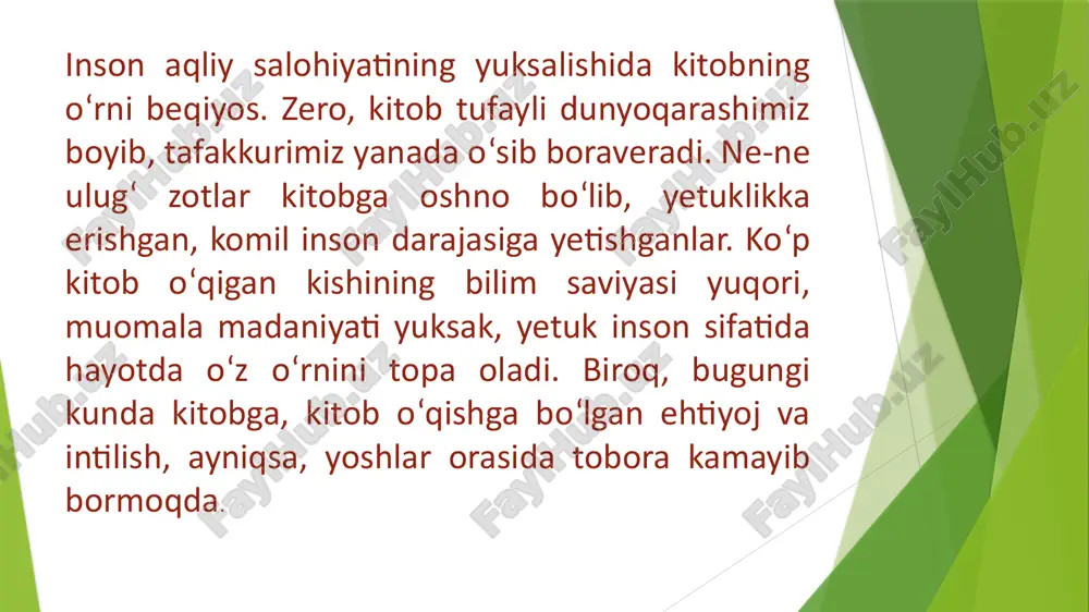 m ajralsa ham, hunardan hech qachon ajralmaydi.hunar doimiy hamroh, madadkordir. ilm – eng buyuk sharaf asalari bilan inson bolasi o‘rtasidagi farq haqida hech o‘ylab ko‘rganmisiz? yigirma kunlik asalarini guldan gulga qo‘nib, asal yig‘ayotganini ko‘p ko‘rgandirsiz. inson farzandi esa faqatgina ikki yoshdan oyoqqa turadi, gapirishni o‘rgana boshlaydi. 6-7 yoshida maktabga boradi. o'qishni, yozishni o‘rganadi. litsey, universitetni tugatguniga qadar ko‘p o‘qiydi, o‘rganadi, intiladi, izlanadi. chunki yashash uchun hayotni, insonlarni o‘rganishga muhtojdir. foyda, zararni bilishga majburdir. biroq asalari bolasi-chi? u asal yig‘ishni o‘rganishi uchun na o‘qishga, na oliy o‘quv yurtini bitirishga ehtiyoji bor. u dunyo hayotiga mukammal holda yuborilgan. inidan chiqar chiqmas ishini boshlaydi. biz esa yigirma kun yoki yigirma yil, umr bo‘yi o‘rganishga muhtojmiz. shuning uchun beshikdan qabrgacha ilm olishga, o‘rganishga buyurilganmiz. inson qobiliyatini bilim va tajriba bilangina oshiradi. xulosa qilib aytganda: dunyoda insonlar turli-tuman kasblarda faoliyat olib boradi. barcha sohalarning ustalari, mutahassislari bir kasb egalari mehnati bilan shakllanadi. o'zbekiston bugungi dunyo …