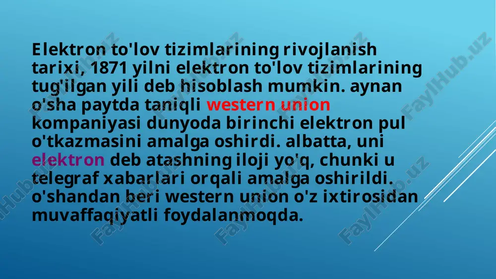 bo'lishi mumkin. maxsus kod - egasining shaxsini tasdiqlovchi pin kod yordamida xaridlarni amalga oshirish, pulni olish va hisobni to'ldirish mumkin. shuningdek, kartalar shaxsiylashtirilishi va internetda xavfsiz xarid qilish uchun maxsus raqamli kodlarga ega bo'lishi mumkin. mastercard mastercard tizimi ham amerika kompaniyasidir mastercard kartalari ro'yxatdan o'tgan va anonim, kabartmali va silliq bo'lishi mumkin. to'lov tizimlari "to'lov markazi" va "corn" kartasi kabi yirik bank gigantlari bilan ham, nobank kredit tashkilotlari bilan ham hamkorlik qiladi. “ ” internet elektron to'lov tizimlari elektron pullar elektron to'lov tizimlari (ept) tomonidan chiqariladi. bular virtual banknotalarni chiqaradigan, ularning muomalasi uchun texnologiyalarni ishlab chiqadigan va joriy qiladigan, shuningdek ularning elektron valyutalari bilan barcha operatsiyalarni ta'minlaydigan kompaniyalar. ko'pincha elektron to'lov tizimlari eng katta internet-korporatsiyalarning bir qismidir, ularning faoliyat yo'nalishlaridan biri hisoblanadi (masalan, yandex.money, eng katta ijtimoiy tarmoqlarning valyutalari va boshqalar). eng mashhur elektron to'lov tizimi chet mamlakatlarda quyidagilar ko'rib chiqiladi: advcash qiwi zo'r pul to'lovchi bitcoin e‘tiboringiz uchun rahmat. …