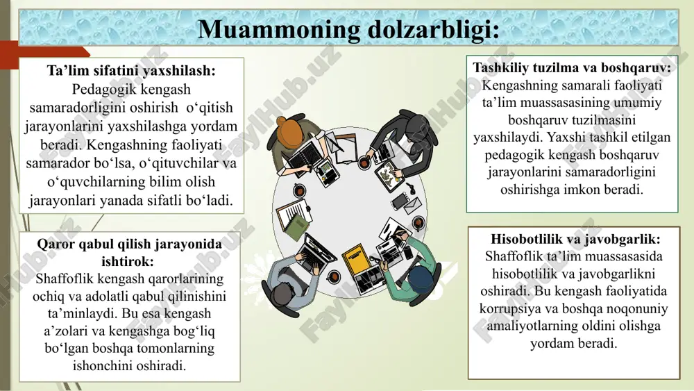 larni ta’lim boshqarmalari va jamoatchilikka taqdim etadi. yaponiya-pedagogik kengasharda (kyo‘shokuin kaigi) dars rejalari, baholash tizimi, o‘quvchilar intizomi va maktabdagi turli tadbirlar muhokama qilinadi. kengashlarda yangi g‘oyalar va yondashuvlar muhokama qilinib, samarali qarorlar qabul qilinadi. mavzu yuzasidan xorijiy davlatlar tajribalari rossiya-pedagogik kengashlar, o‘qituvchilar va o‘quvchilar orasidagi o‘quv jarayonlarini monitor qilish, ta'lim va tarbiyaviy maqsadlarni o‘z ichiga olgan yangi yo‘llarni qidirib topishda va dars jarayonlarini mustahkamlashda yordam berishda juda muhim. 8 qiyosiy tahlil etilganligi amaldagi holat o‘zbekistonda amaldagi holat xorijda taklif maktab boshqaruvida pedagogik kengashlar juda katta ahamiyatga ega. o‘quv jarayonlarini samarali boshqarishga yordam beradi. yaponiya-pedagogik kengasharda (kyo‘shokuin kaigi) dars rejalari, baholash tizimi, o‘quvchilar intizomi va maktabdagi turli tadbirlar muhokama qilinadi. kengashlarda yangi g‘oyalar va yondashuvlar muhokama qilinib, samarali qarorlar qabul qilinadi. maktab boshqaruvida pedagogik kengashlarga o‘quv dasturlarini moslashtirish va o‘quv jarayonlarini boshqarishda erkinlik berish va natijadorlik bilan birga javobgarlik hissini ham oshirish kerak. maktab boshqaruvida pedagogik kengashlar muntazam ravishda hisobotlar tayyorlab, …