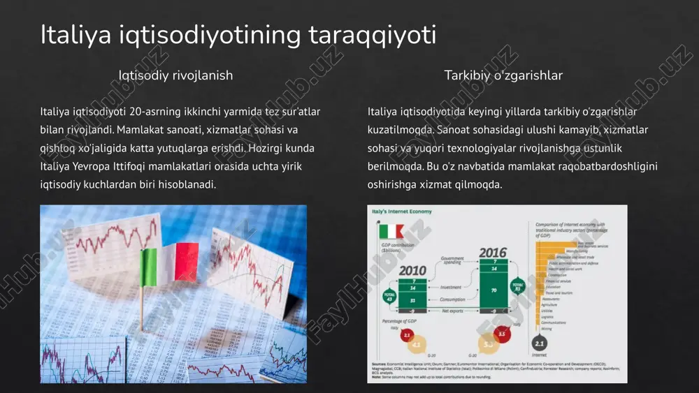 ib, ixcham shahar mashinalaridan tortib tijorat transport vositalarigacha ishlab chiqaradi. iveco yuk mashinalari va avtobuslar sohasida yetakchi bo‘lsa, piaggio o‘zining vespa brendi bilan mashhur bo‘lib, skuter va mototsikl ishlab chiqarishga ixtisoslashgan. shuningdek, ferrari, lamborghini va maserati kabi hashamatli avtomobillar brendlari italiyani sport avtomobilsozligida dunyoda tanitgan. ushbu soha innovatsiyalar va yuqori sifatli mahsulotlari bilan mamlakat iqtisodiyotida muhim o‘rin tutadi. mashinasozlik italiya sanoatining muhim yo‘nalishlaridan biri bo‘lib, unda turli xil sohalar uchun mahsulotlar ishlab chiqariladi. jumladan, qishloq xo‘jaligi texnikalari, masalan, traktorlar va hosil yig‘ish mashinalari yetkazib berish bilan tanilgan. transport vositalari ishlab chiqarish ham katta o‘rinni egallaydi. bu sohada avtomobillar, yuk mashinalari va jamoat transporti vositalari yetkazib beriladi. shuningdek, italiya uy-ro‘zg‘or texnikasi ishlab chiqarish bo‘yicha ham ilg‘or davlatlardan biri hisoblanadi. ushbu yo‘nalishda muzlatgichlar, kir yuvish mashinalari va boshqa maishiy texnika vositalari sifat jihatidan yuqori bo‘lib, xalqaro bozorda katta talabga ega. mashinasozlik sohasi nafaqat iqtisodiyotni mustahkamlaydi, balki texnologik innovatsiyalarni rivojlantirishga ham hissa qo‘shadi. …